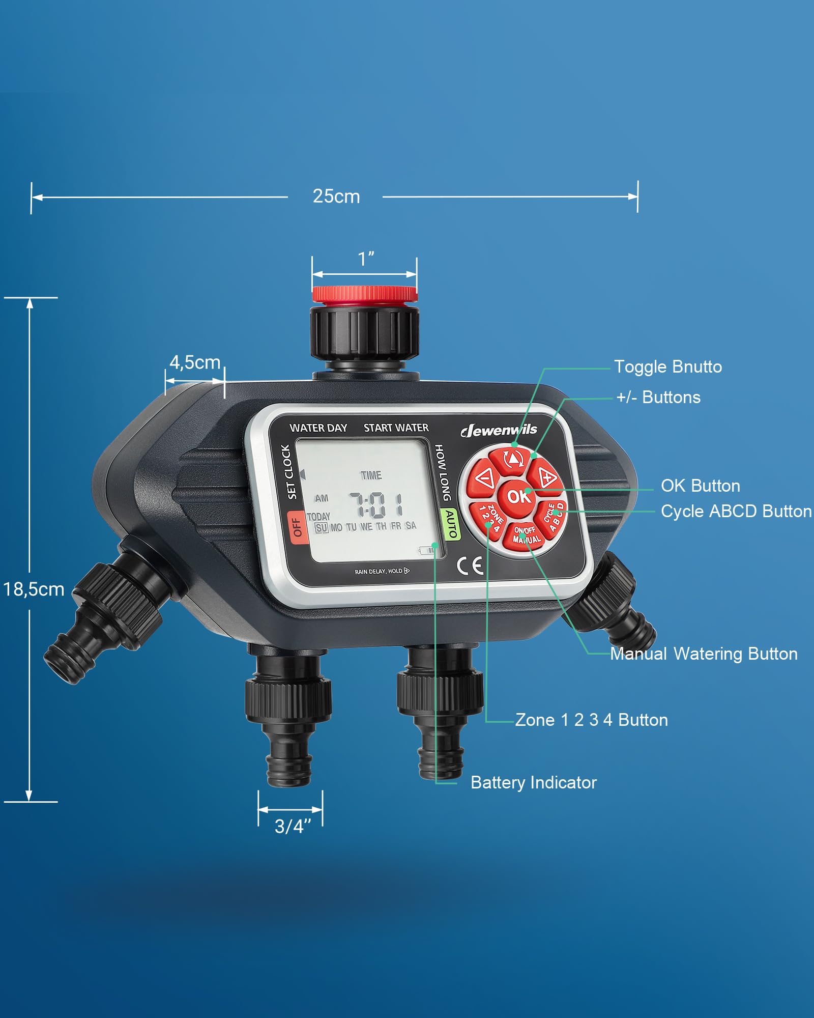DEWENWILS Centralina irrigazione 4 vie, 4 Opzioni di Programmazione per vie, Timer Irrigazione Automatica, Ritardo della Pioggia/Modalità Manuale, Orologio da Giardino per Prati, Giardini