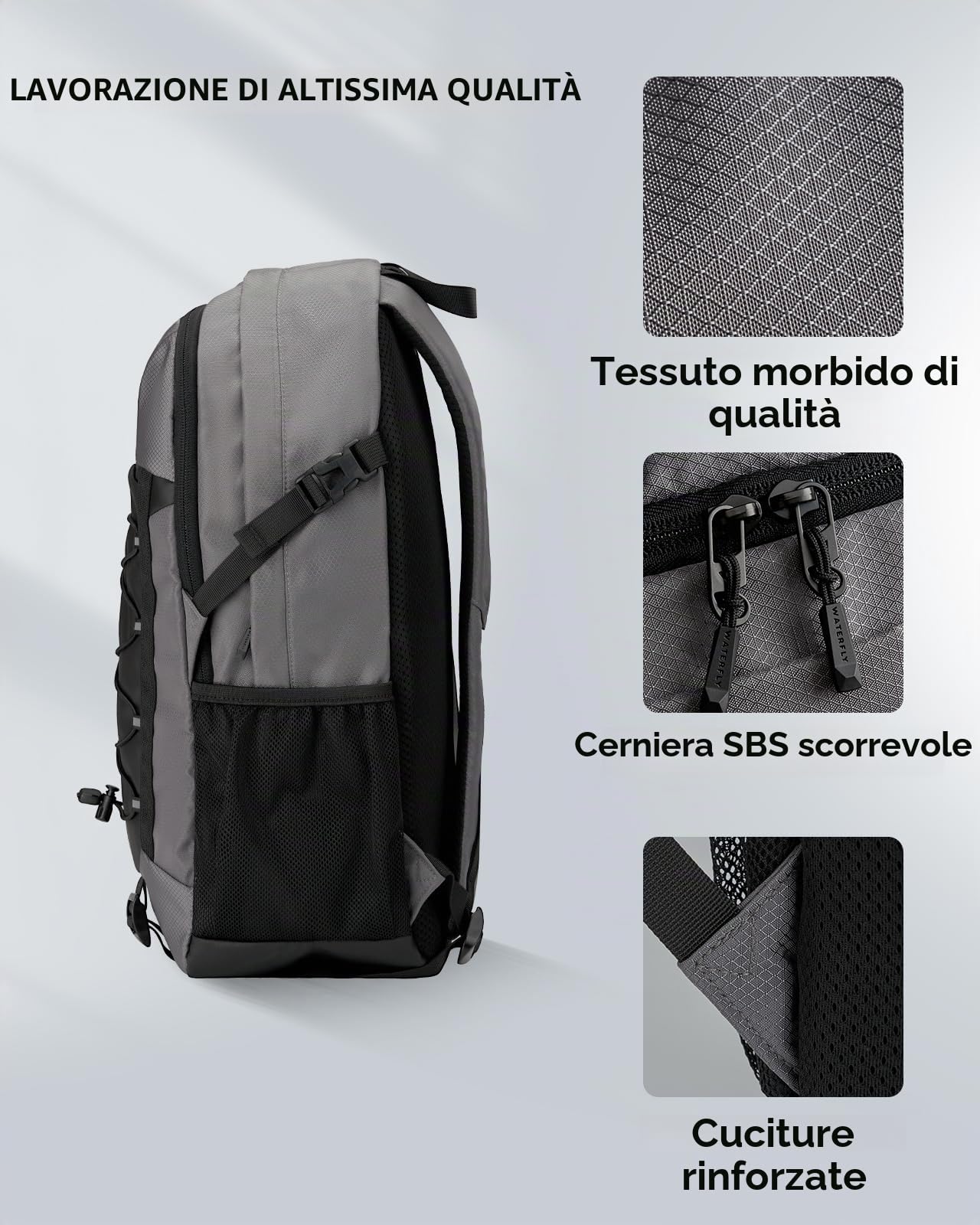 WATERFLY Zaino da trekking da uomo e da donna, 25 l, zaino da trekking leggero, zaino da esterno con fibbia rimovibile sul petto per escursioni, viaggi, campeggio