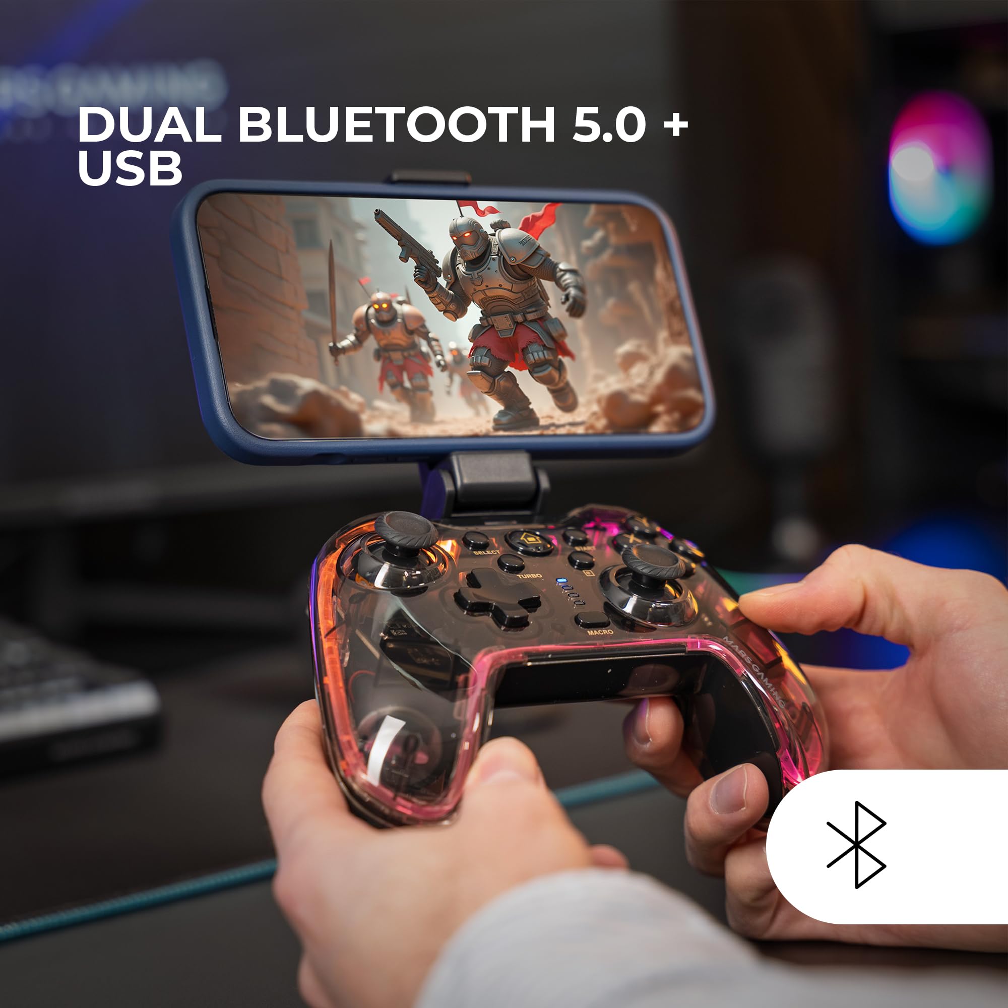Mars Gaming MGP-BT2 Bluetooth 5.0 Gamepad, RGB Neon, Smartphone Adapter up to 7 inches, Aptic Vibration, Analog Triggers, Macro, Switch, Switch 2, PC, Android, iOS, PS3, PS4, Transparent - 2