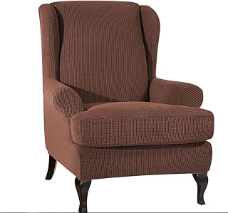 Wingback Chair Cover 2 Piece Set - 2 IN 1 Design Removable High Stretch Soft Wing Back Chair Covers Armchair Slipcover Protector for Living Room Bedroom Hotel -Dark coffee