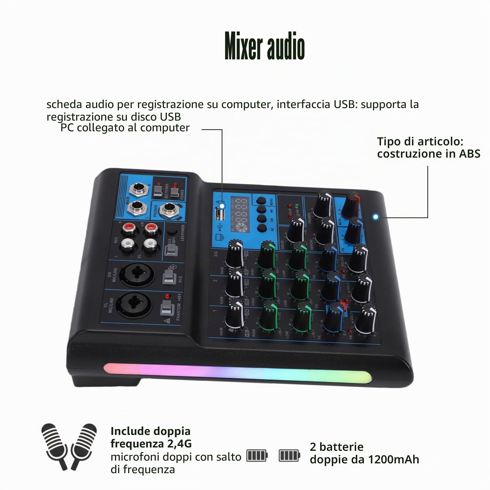 Topiky Set Microfonico Mixer Audio a 4 Canali con Doppio Microfono Wireless UHF, Scheda Audio Professionale Console di Mixaggio DJ, Console di Mixaggio RGB con Alimentazione 48V per