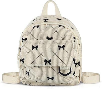 Mini Backpack for Women, Soft Corduroy Bow Small Backpack, Lightweight Cute Tiny Backpacks Fashion Travel Daypack Beige