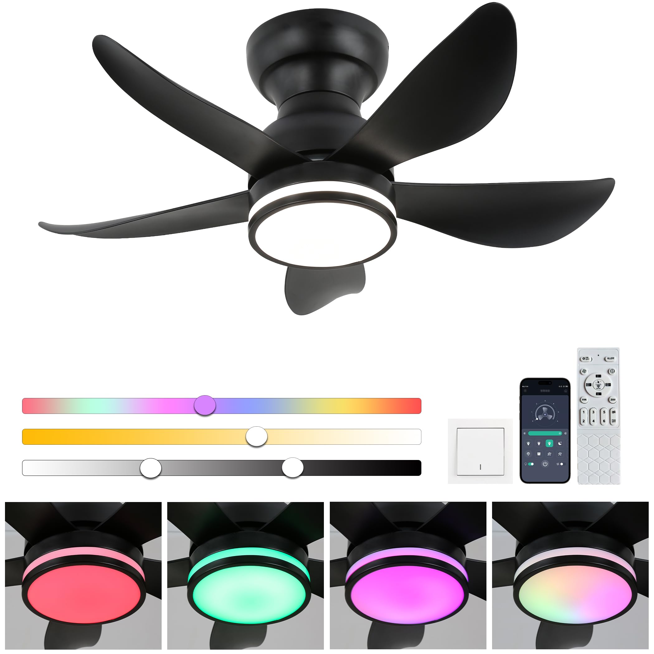 FRIXCHUR 30-Inch Low Profile Ceiling Fan with Light 6-Speed Remote