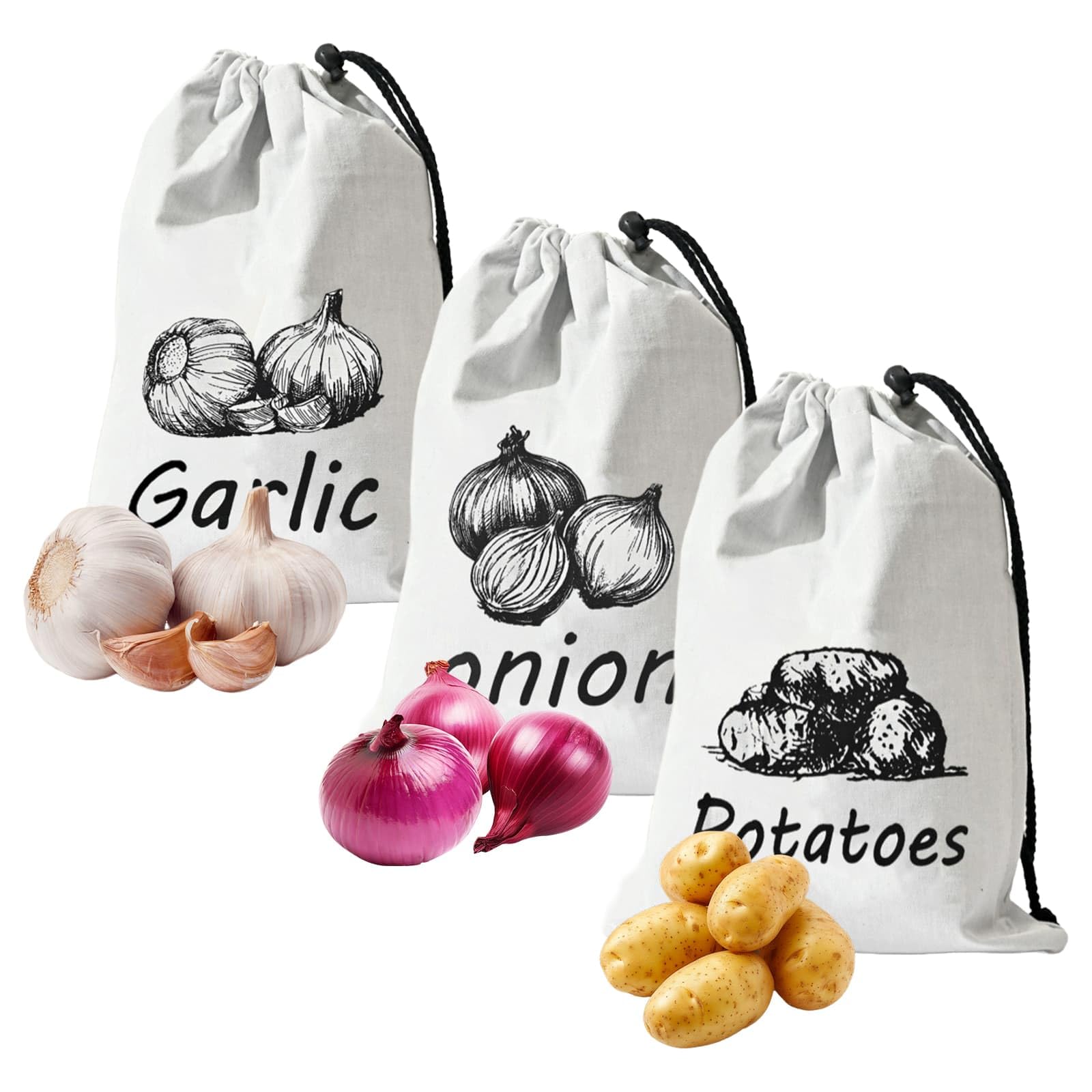 Dyuee White Potato, Onion, Garlic Storage Bag Set Of 3 Breathable Bags, Eco Friendly Bags With Drawstring Closure And Side Zipper For Keep Potatoes Onions And Garlic Vegetables Fresh（26 X 35Cm）