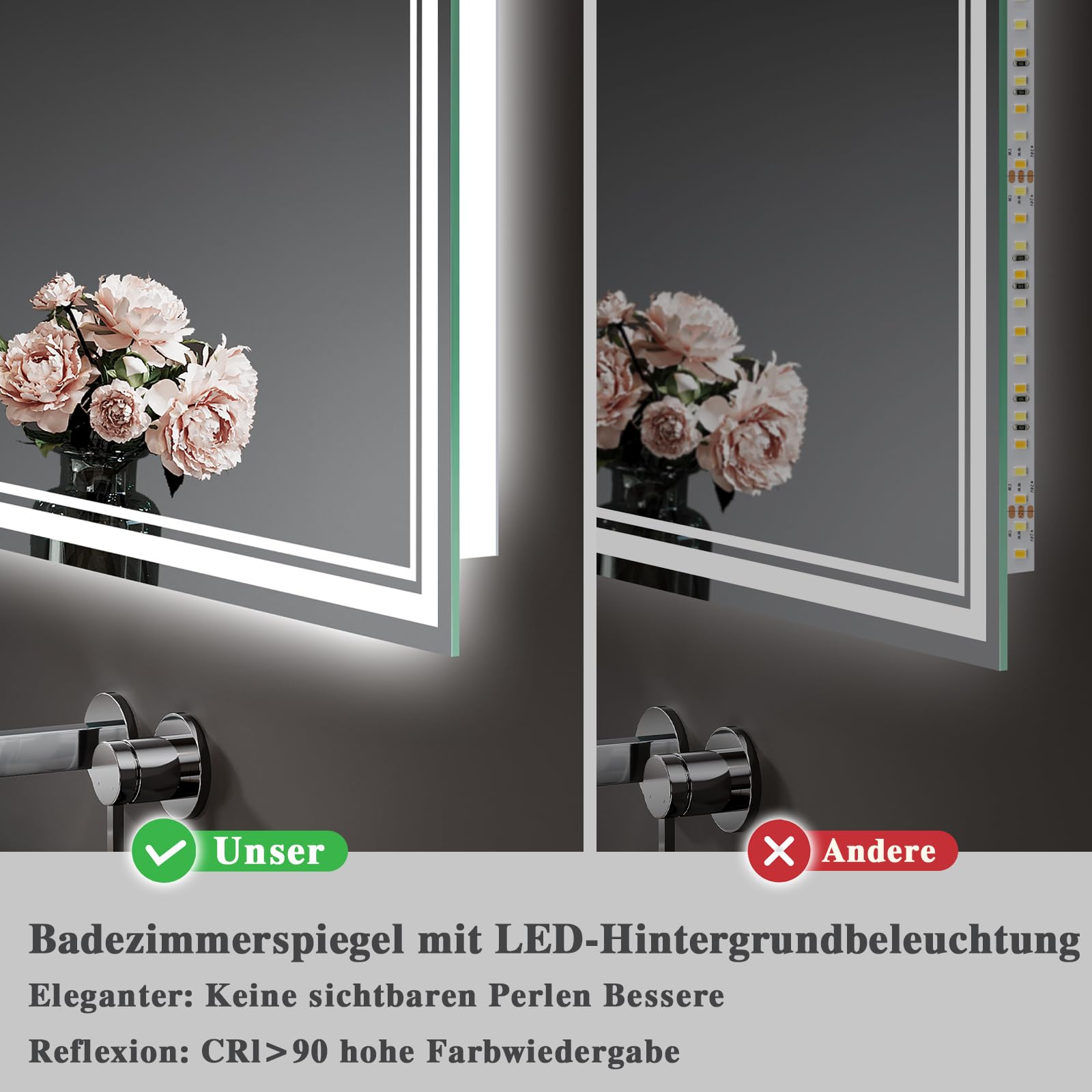 Badspiegel-mit-Beleuchtung 40x60cm - LED Badezimmerspiegel Badezimmer Spiegel mit Beleuchtung, Beschlagfrei, Touch-Schalter, 3 Lichtfarben - Bad Spiegel mit Licht Horizontal/Vertikal