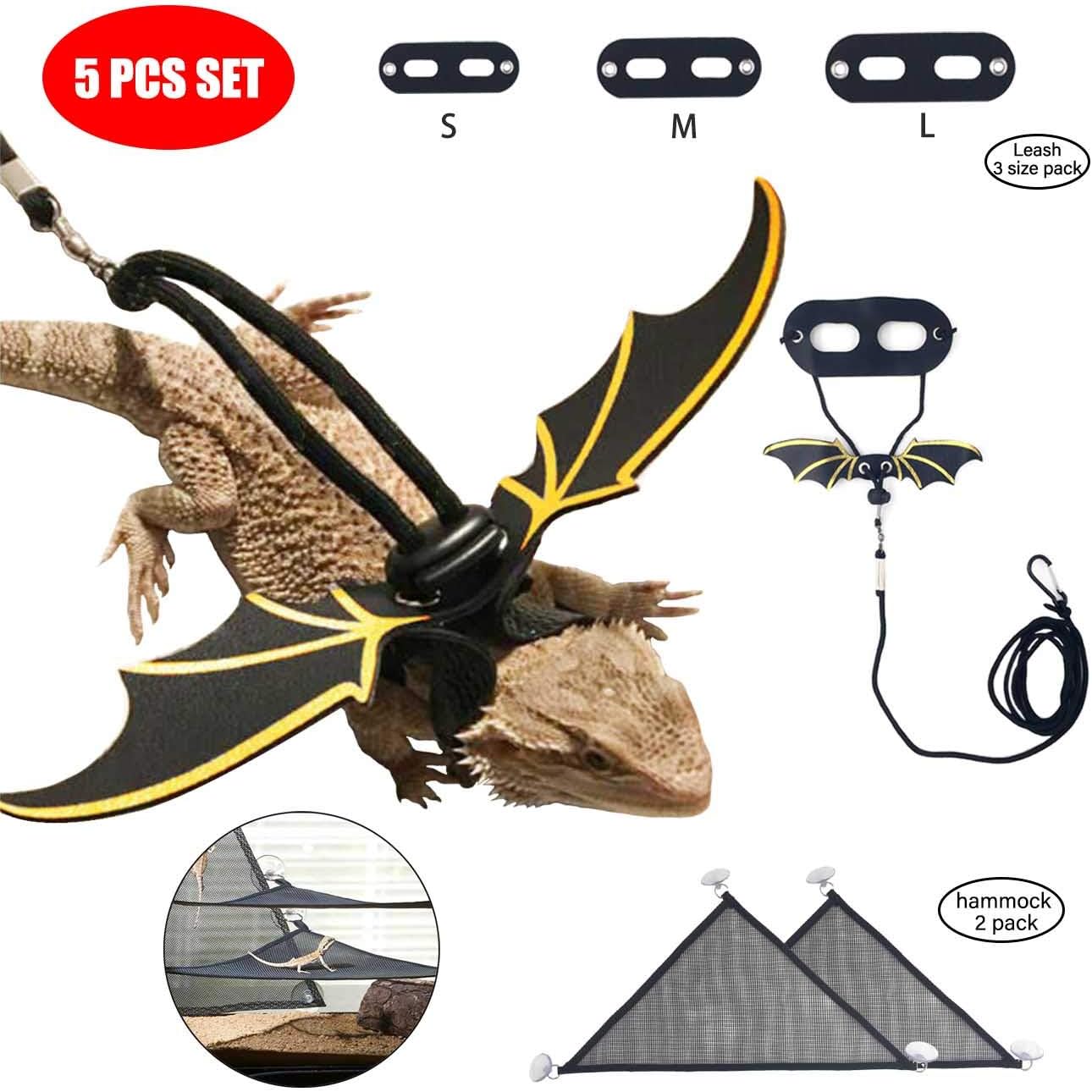 Adjustable Bearded Dragon Harness, + 2 pcs lizard hammock, Lizard Leash, Cool Wings for Lizard Reptiles, Suitable for Amphibians and…