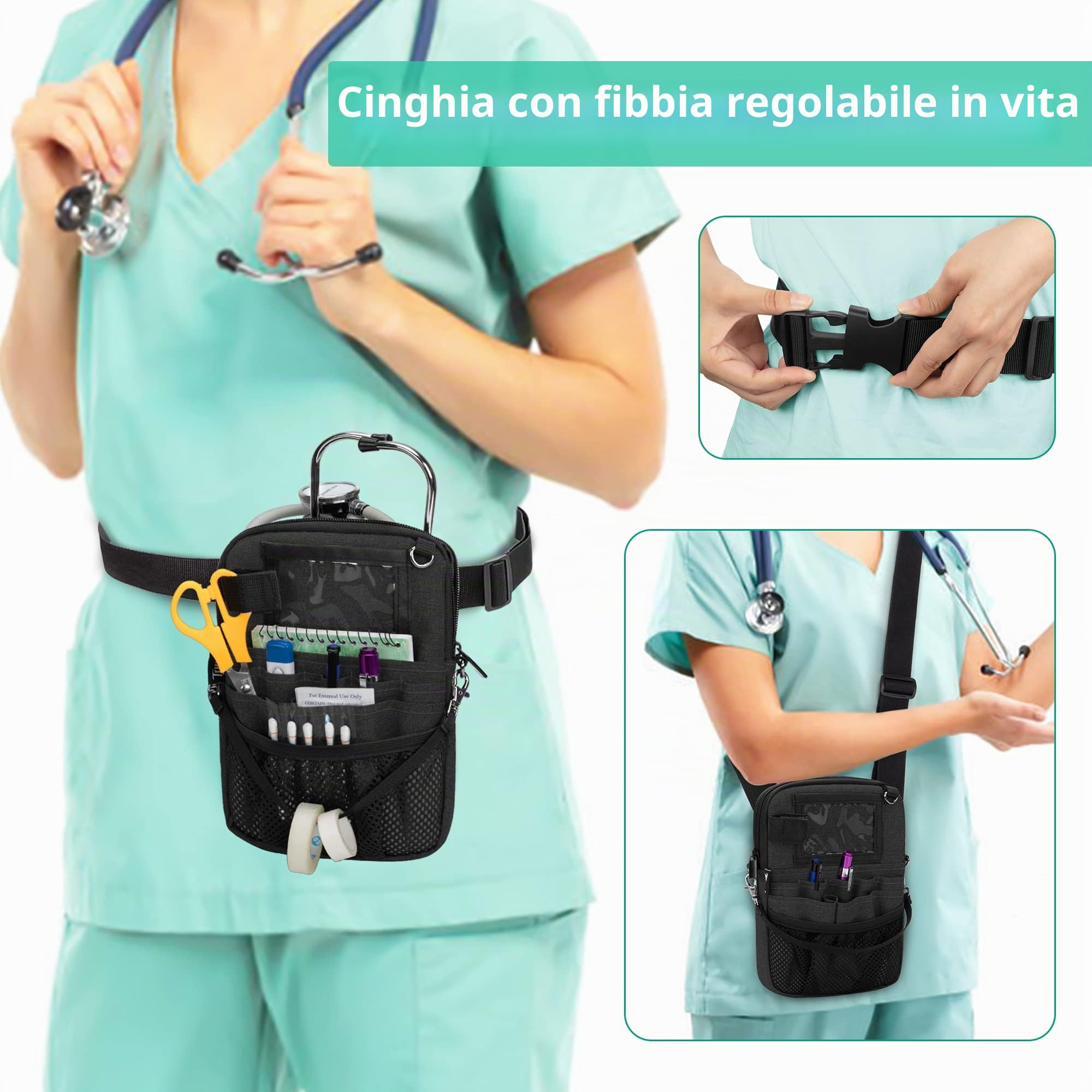 Trunab Organizer Infermiere Borsa con Tasche Multiple, Marsupio con Cintura Regolabile per Fonendoscopio, Forbici e Accessori, Grigio