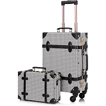 UNIWALKER Vintage Luggage Set, 2 Piece Faux Leather Carry on Suitcase with Spinner Wheels TSA Lock and Cosmetic Train Case for Women, Grid, 20"+12"