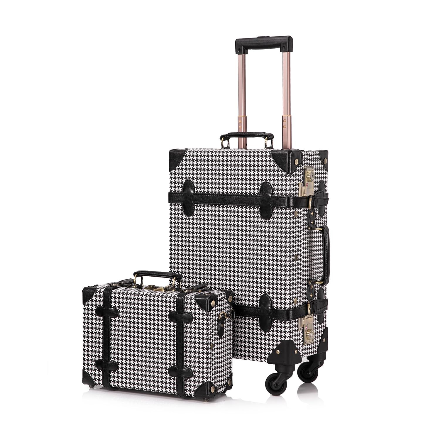 UNIWALKER Vintage Luggage Set, 2 Piece Faux Leather Carry on Suitcase with Spinner Wheels TSA Lock and Cosmetic Train Case for Women, Grid, 20"+12"