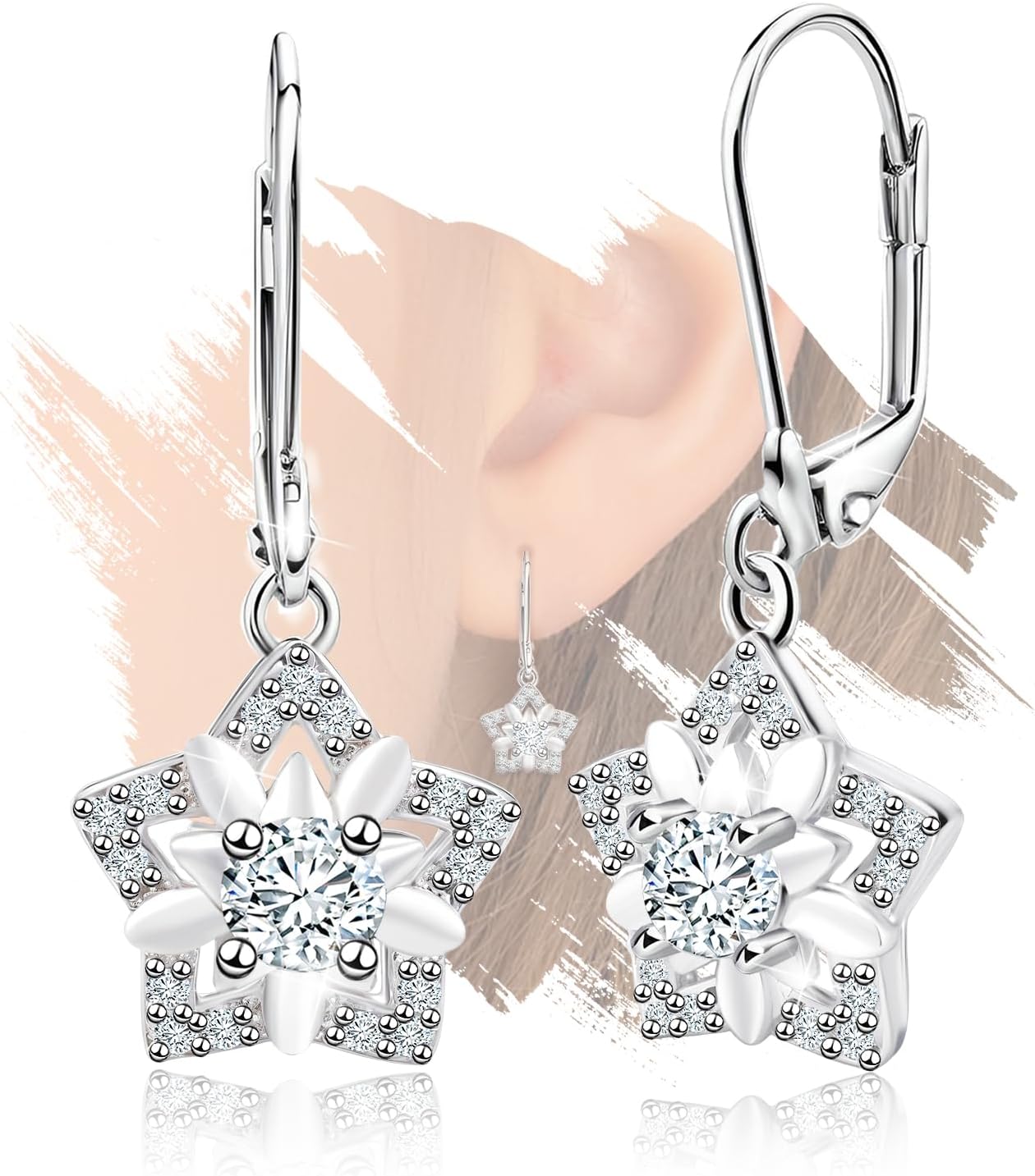 Sterling Silver Star Leverback Earrings - Hypoallergenic Charming Cubic Zirconia Star-Shaped CZ Earrings Fashion Jewelry for Mom Wife