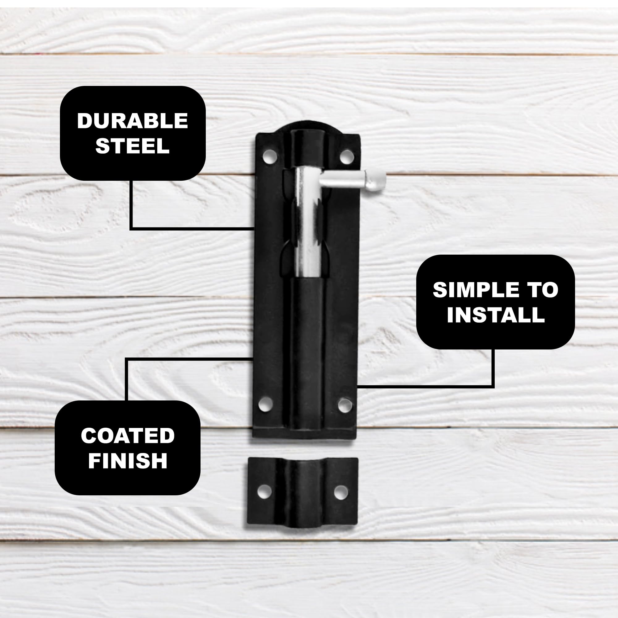 Primes DIY 4 PCS Heavy Duty Tower Bolt with Screws Black (8"), Door Lock, Strong Black Coated Door Barrel Bolt - Image 3
