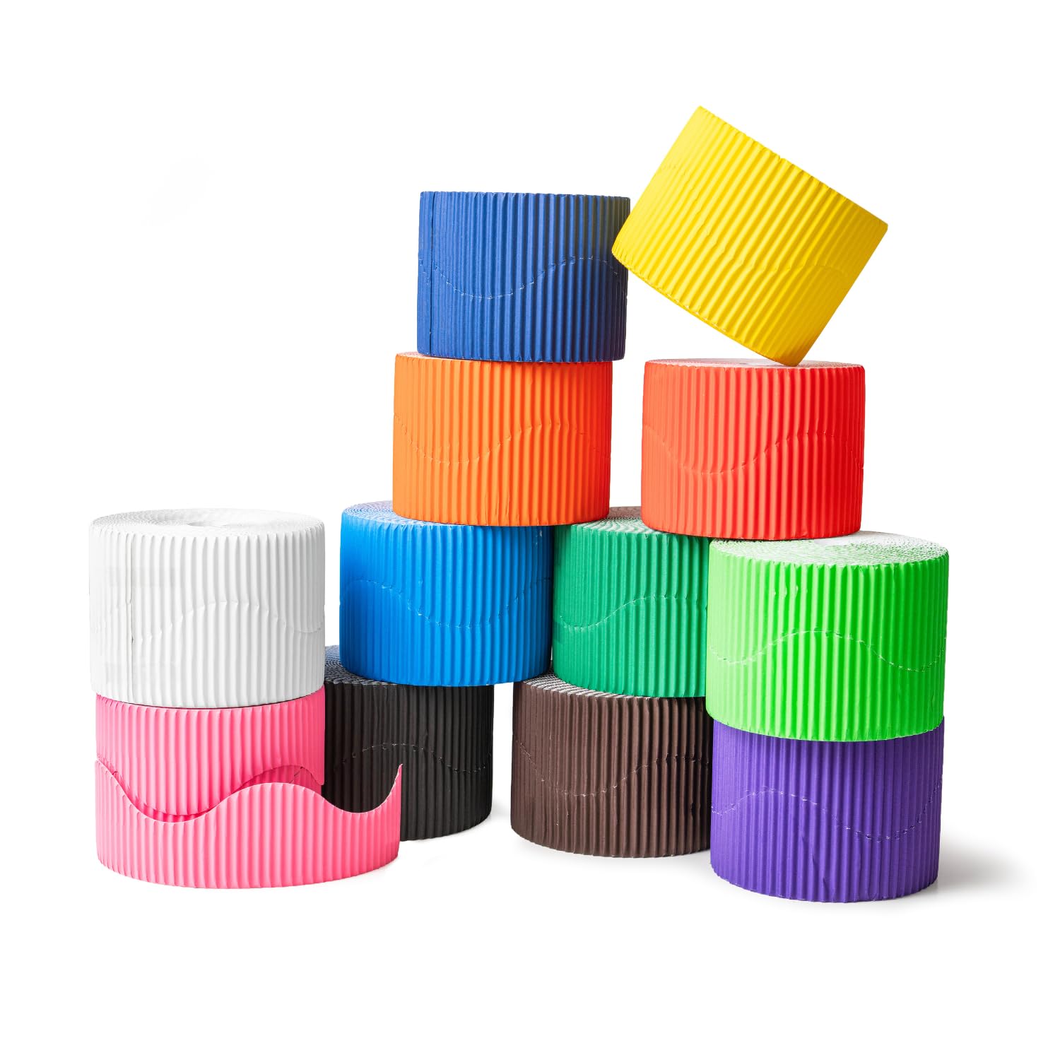 Hawksbill 12 Colours Border Roll Assortment for Classroom Displays 57mm x 7.5m (15m When Split) – Scalloped Acid Free Fade-Resistant Corrugated Display Borders for Classrooms