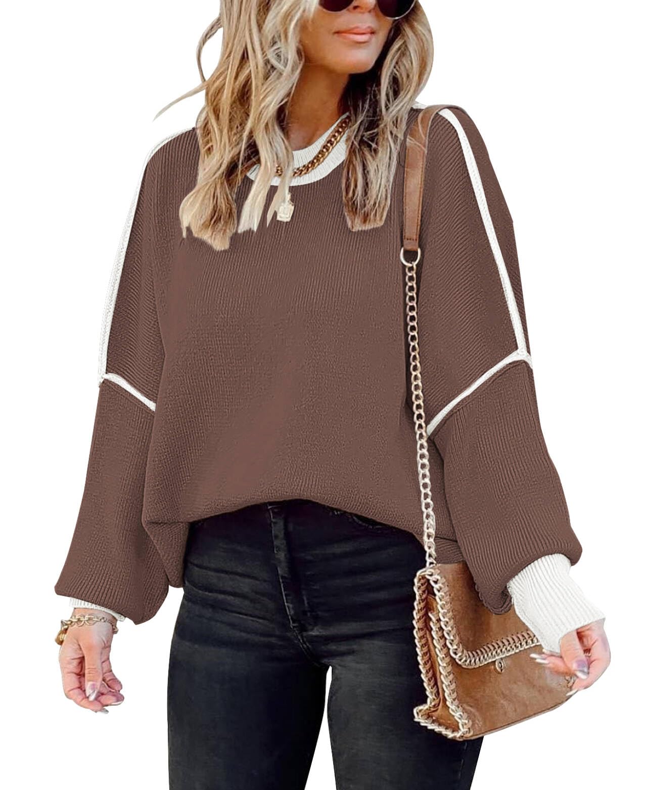 SAUKOLE Womens Sweaters Batwing Sleeve Side Slit Loose Knit Pullover Tops