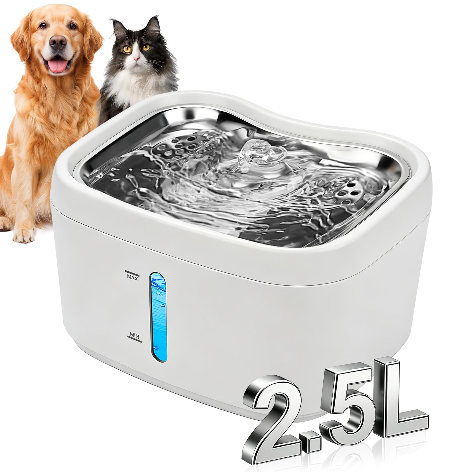 Fuente para gatos inalámbrica, 2,5 L, con detector de movimiento, funciona con pilas, 3000 mAh, fuente de agua con 2 filtros de carbón + 2 esponjas
