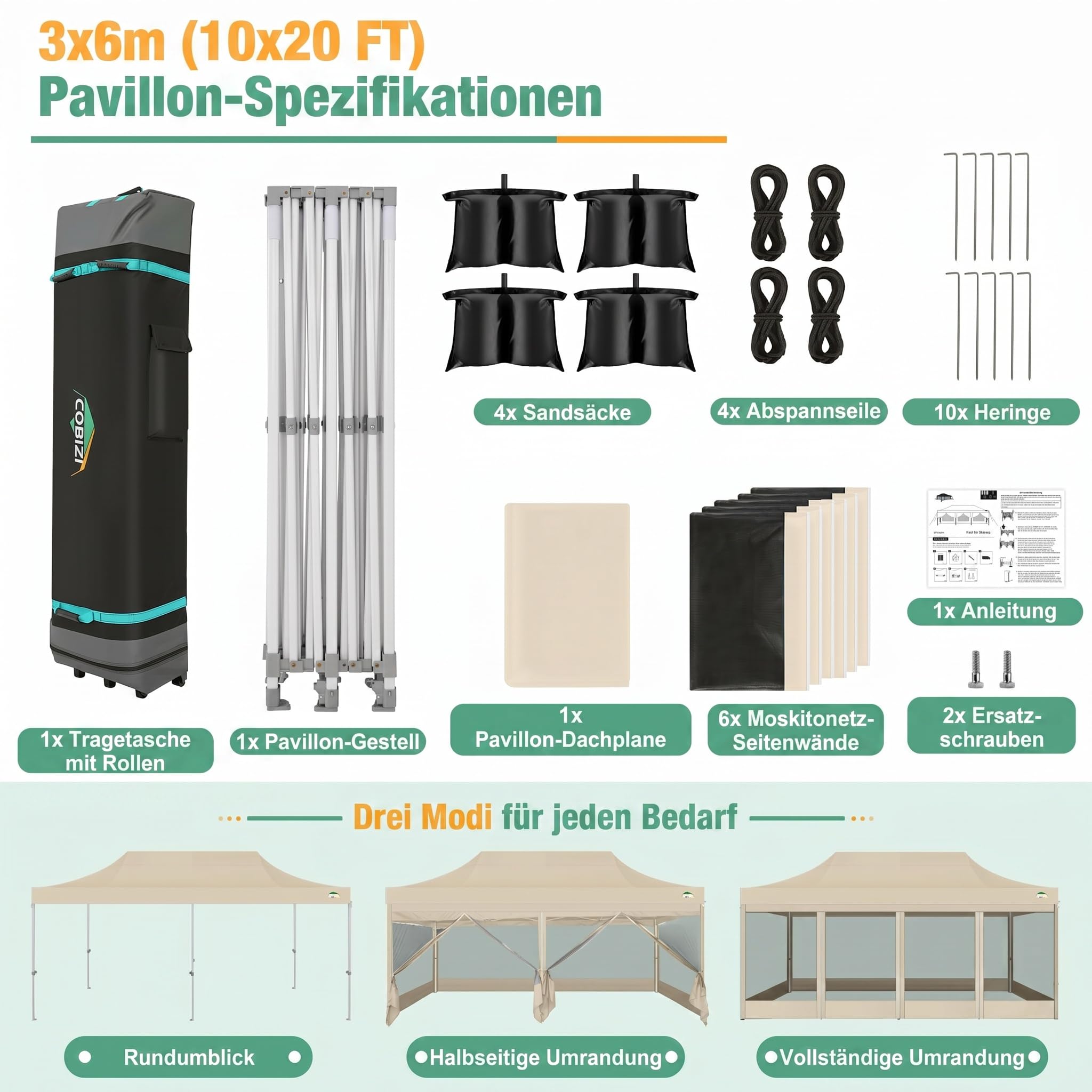 COBIZI Faltpavillon 3x6 m mit Moskitonetz, wasserdicht, stabil | UV-Schutz 50+, 3-fach höhenverstellbar, 6 Seitenwände, robustes 420D Oxford-Gewebe, mit Aufbewahrungstasche mit Rollen