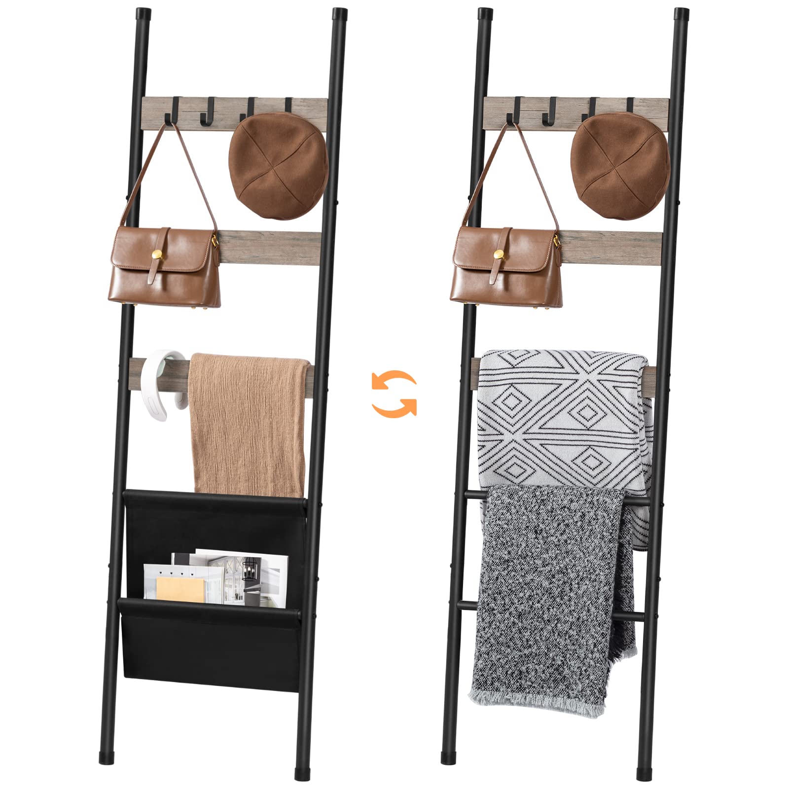 HOOBRO Blanket Ladder, 5 Tier Ladder Shelf, Wall-Leaning Blanket Rack with 4 Removable Hooks and Storage Pocket, Towel Drying and Display Rack for Bathroom, Bedroom, Greige BG32CJ01