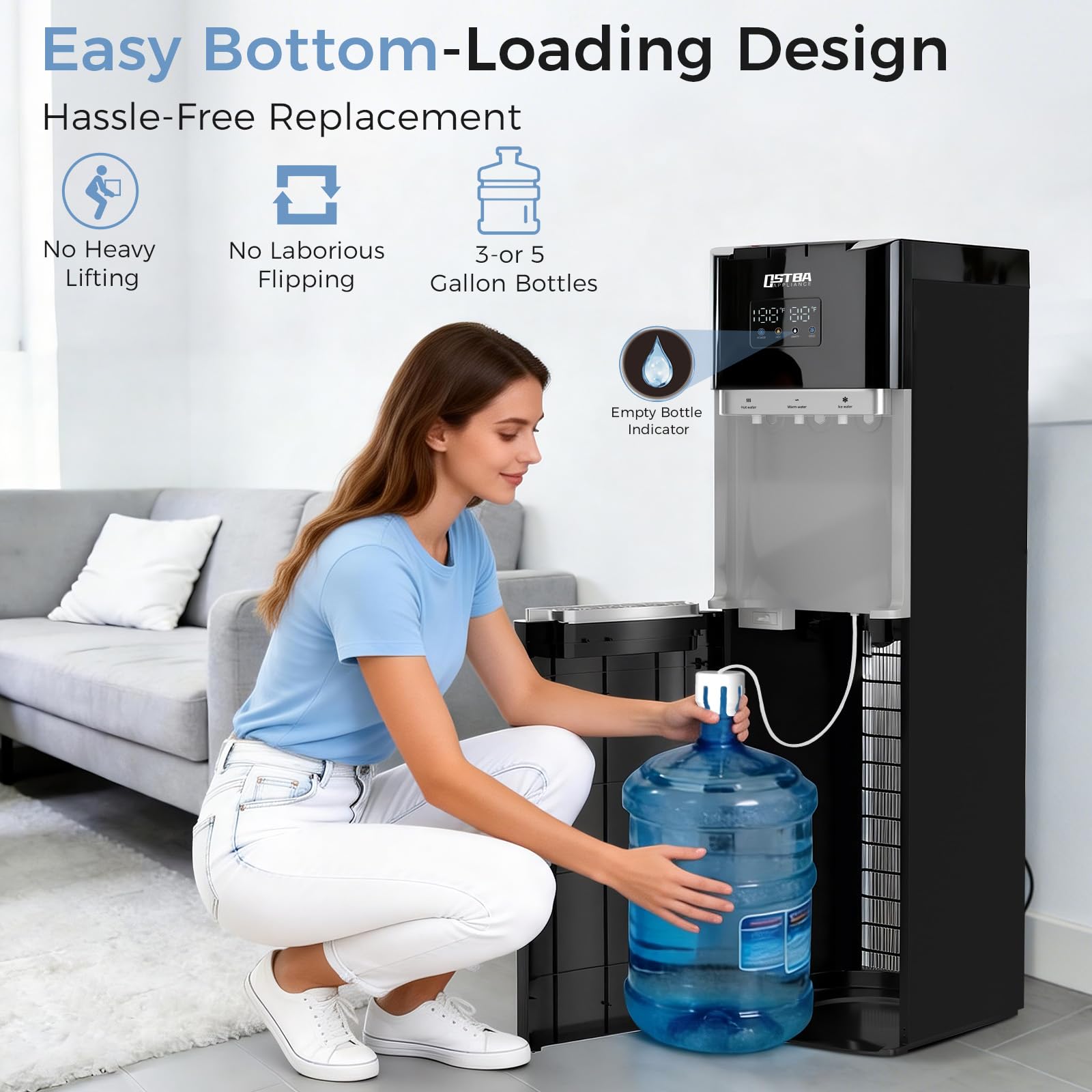 OSTBA Distributeur de refroidisseur d'eau à chargement par le bas pour bouteilles de 10 et 15 litres, eau chaude, froide et ambiante, affichage LED, verrouillage de sécurité enfant, distributeur d'eau