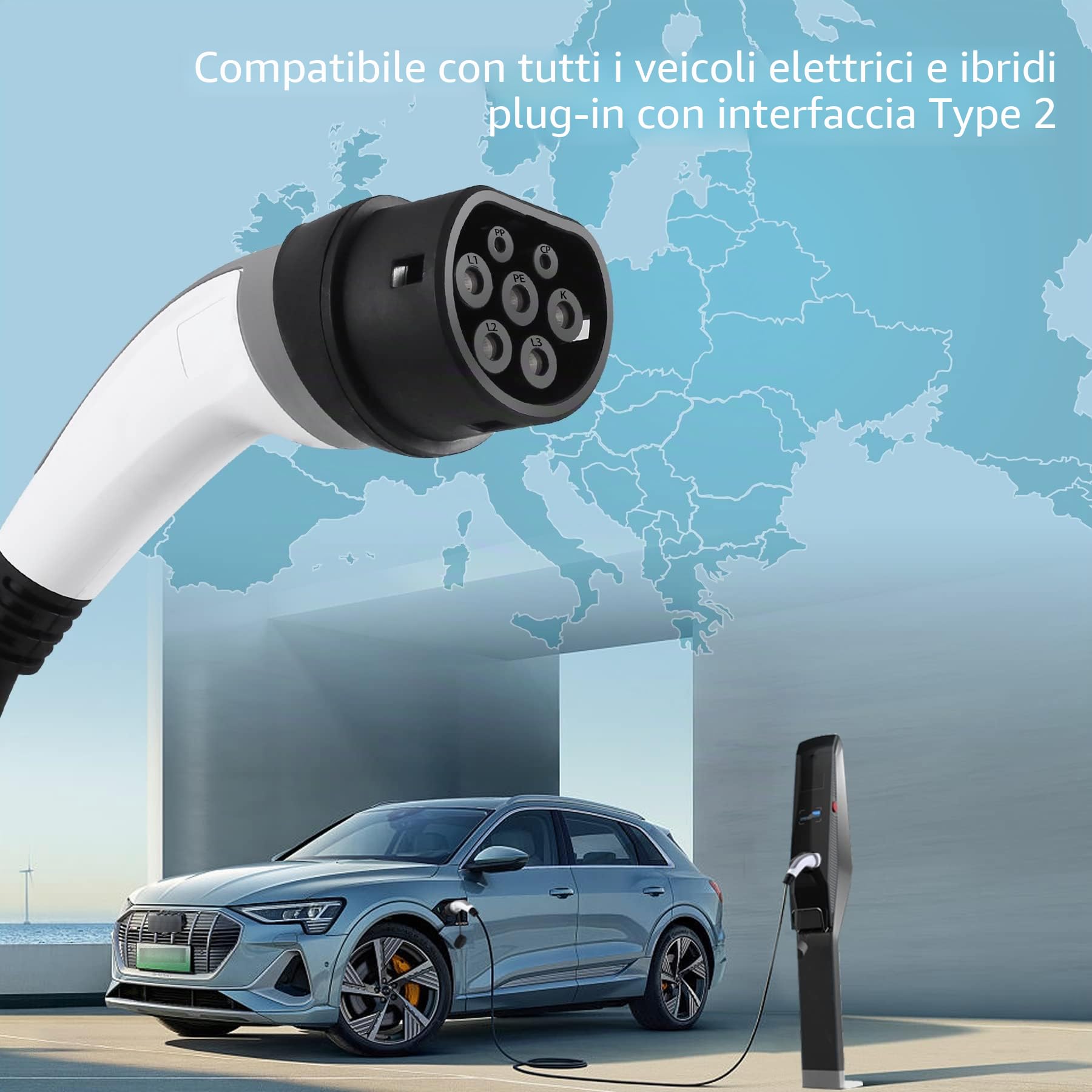 Cavo Ricarica Auto Elettrica Tipo 2, 16A 11 kW Trifase, 3 m | Tipo 2 a Tipo 2 per Veicoli Elettrici e Ibridi Plug-in; Compatibile con ID.3, ID.4, Model 3, e-tron, Zoe, i3, Leaf ed e-Golf