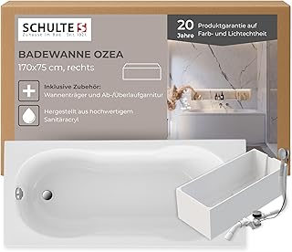 Schulte Badewanne Ozea, 170x75 cm, Komplett inkl. Wannenträger und Ablauf, aus hochwertigem Acryl in Weiß glänzend