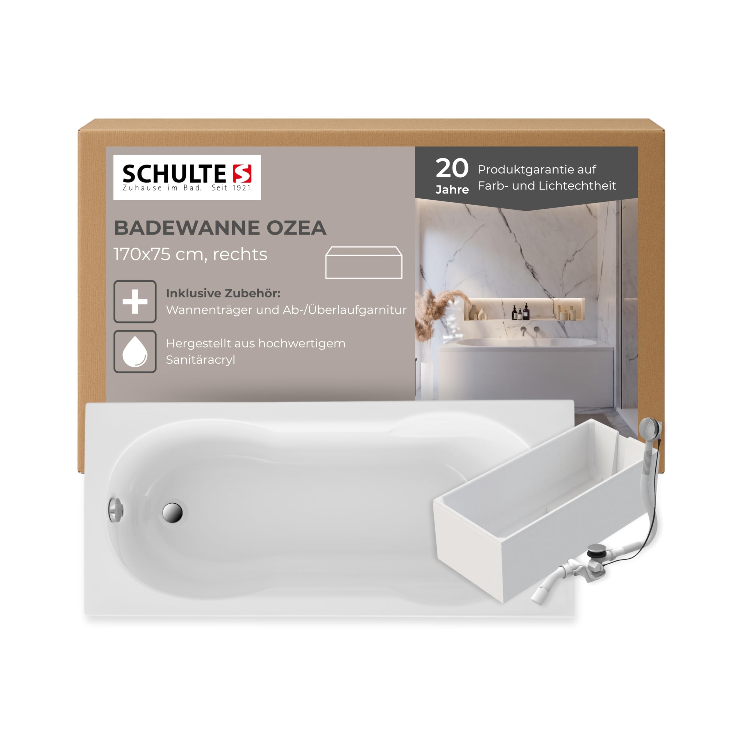 Schulte Badewanne Ozea 170x75 cm, Acryl, Weiß glänzend