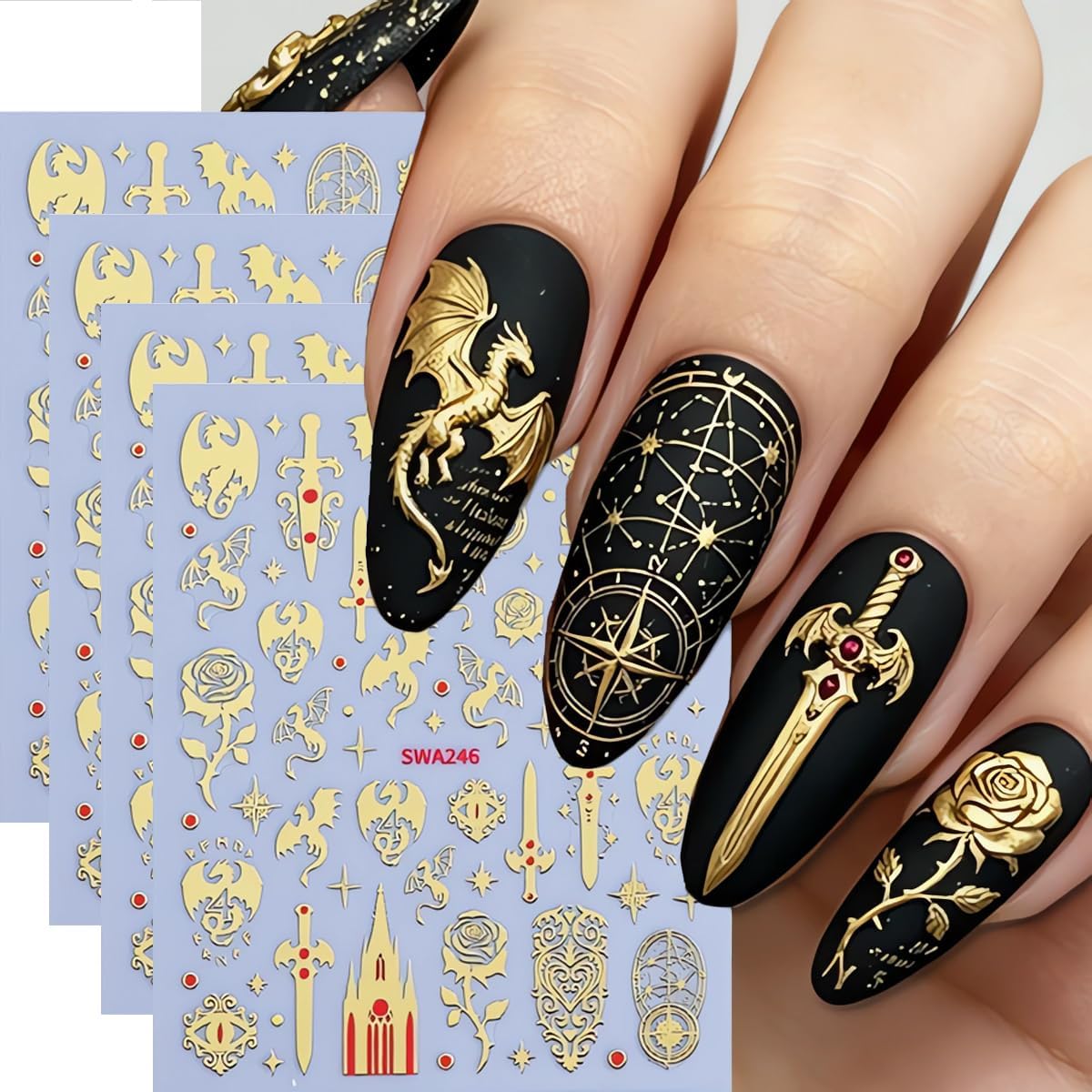 Halloween Nail Art Stickers, Gold Bat Flying Nail Decals 3D Self-Adhesive with Hot Stamping Cute Ghost Design 4 Sheets Halloween Nail Stickers Slider Supplies for Women Nail Decoration