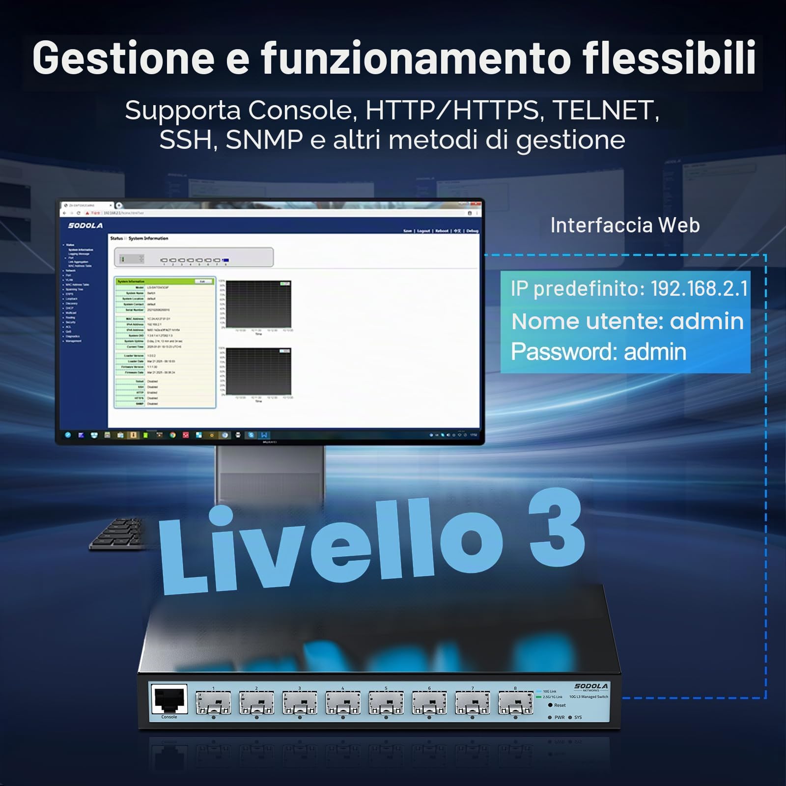 SODOLA Switch a 8 porte da 10 Gbit, gestito L3, porte SFP+ 8 x 10G | Link Aggregation/QoS/VLAN/IGMP, switch di rete senza ventole da 10 Gb Multi-Gig Layer 3 Management