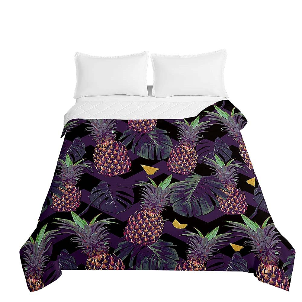 Couvre-lit matelassé violet 200x230cm en microfibre douce imprimé ananas 3D