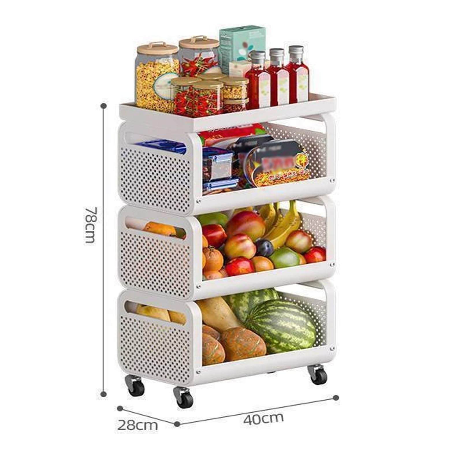 Magazzinaggio Carrello portaoggetti mobile da cucina a 3 livelli, ripiano organizer for cestini for frutta e verdura(Bianco)