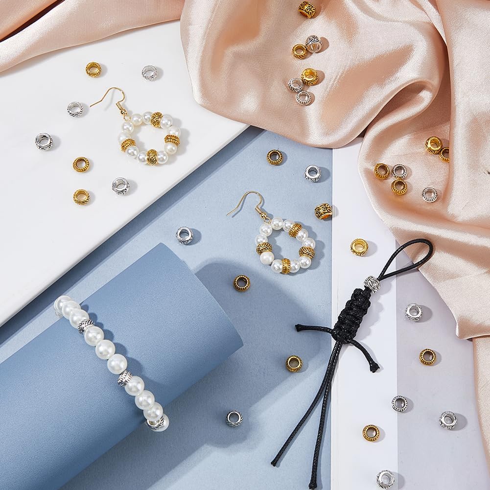 SUPERFINDINGS 300Pcs 6 Styles Antique Gold Silver Large Hole Spacer Beads Tibetan Style Alloy European Big Hole Beads Metal Craft Rondelle Bead for Necklace Bracelets Jewelry Keychain Making - Image 4