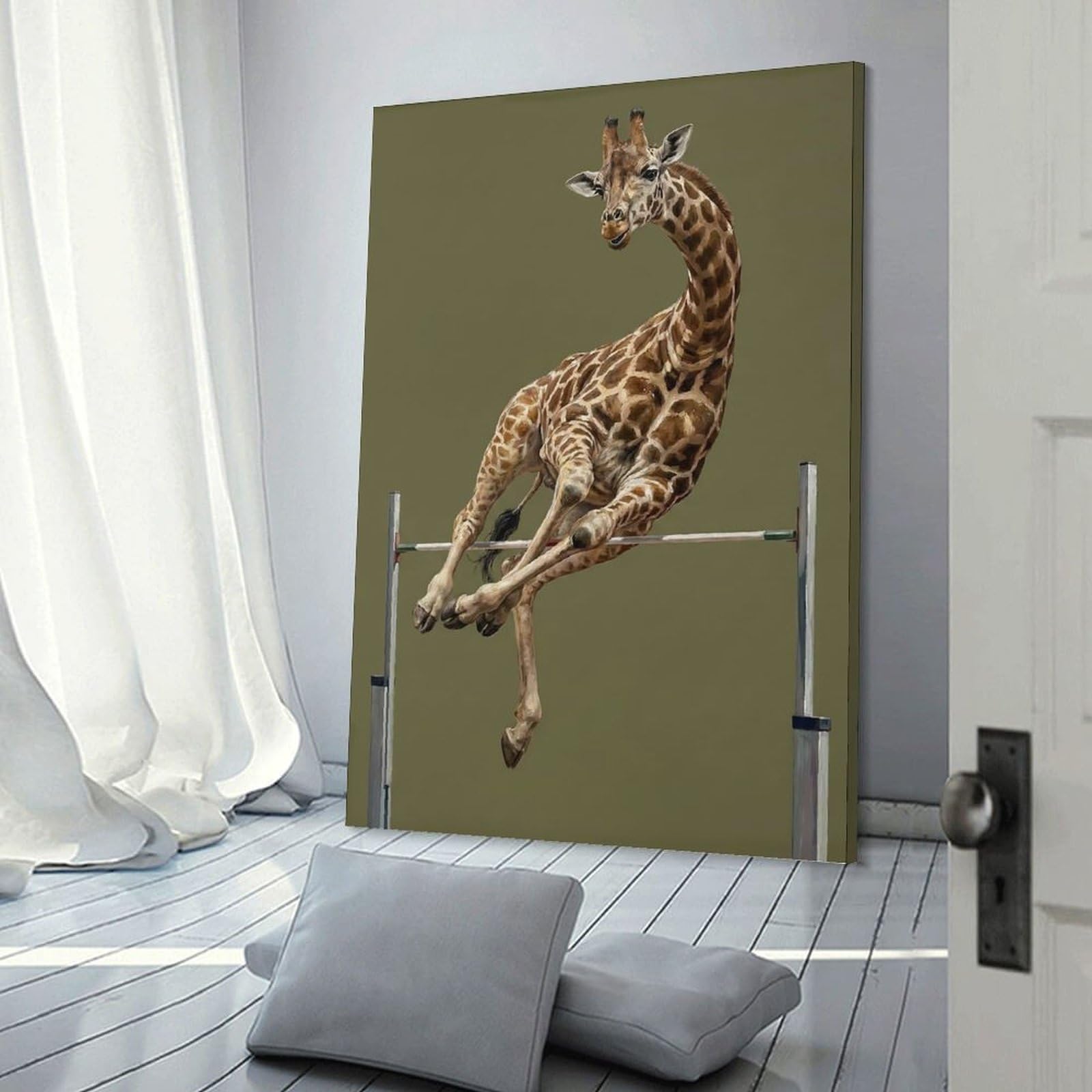 Junmoney Giraffe Jumping over A Hurdle Canvas Wall Decor, 16x24inch(40x60cm), for Apartment Walls, Studios Or Work Areas, Decorative Canvas Decor for Home Updates