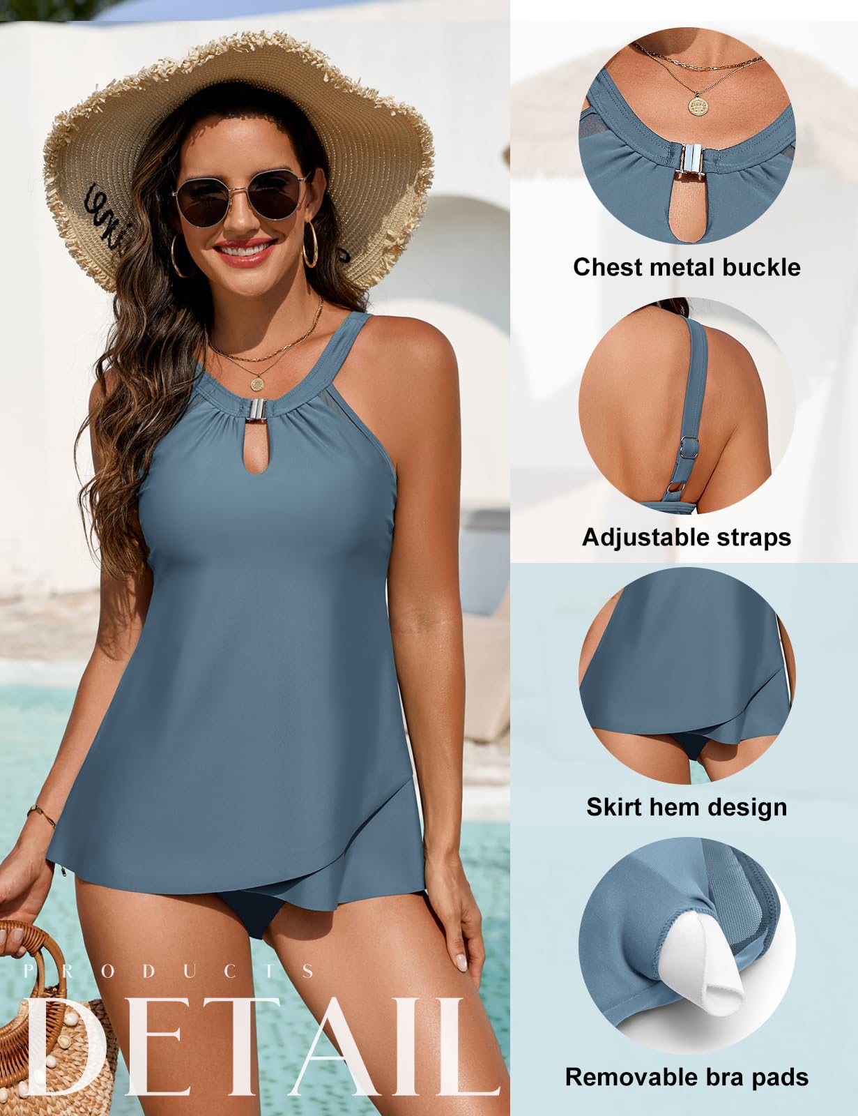 Tankini Maillot de Bain Femme 2 Pieces Gainant Ventre Plat avec Short Sexy Col Rond Haut de Tankini Grande Taille Swimsuit avec Décoration Métallique