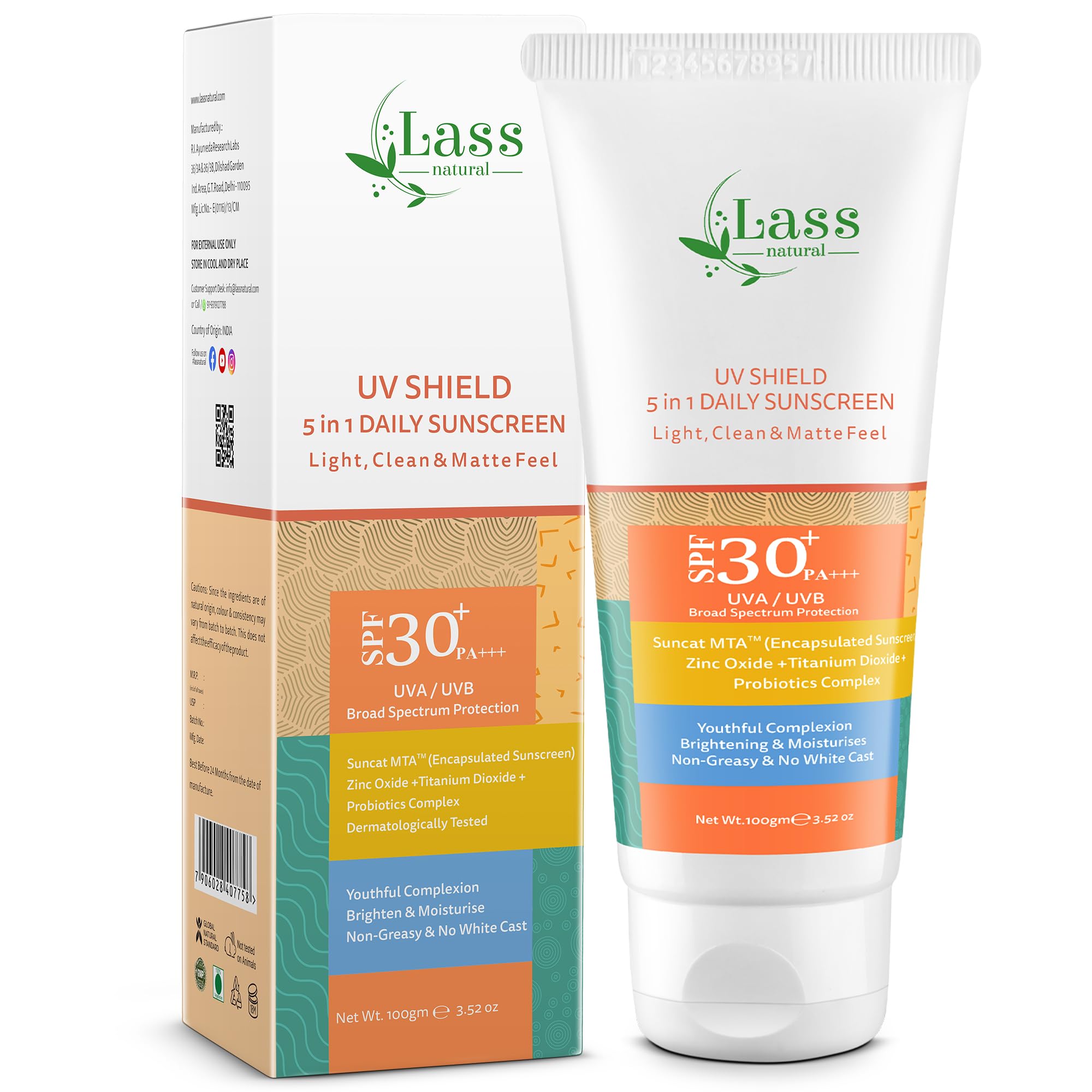 Lass Natural UV Shield 5-in-1 Sunscreen SPF 30 PA Water Sweat Resistant Probiotics Suncat MTA For Oily to