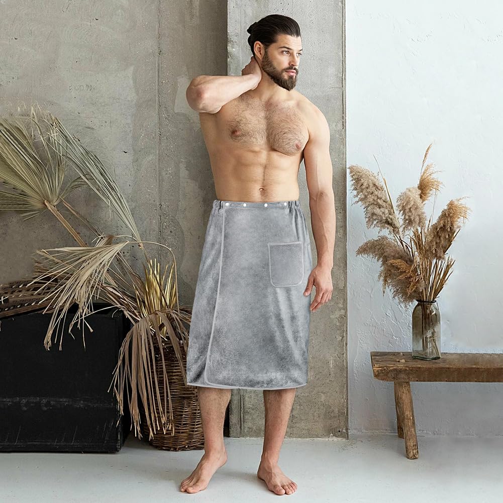 Aomig Męski kilt do sauny, szary, elastyczny, regulowany rozmiar, męski ręcznik kąpielowy z zatrzaskiem, duży, szybkoschnący ręcznik do sauny, ręcznik hammam, do studia fitness, prysznica, sauny, spa