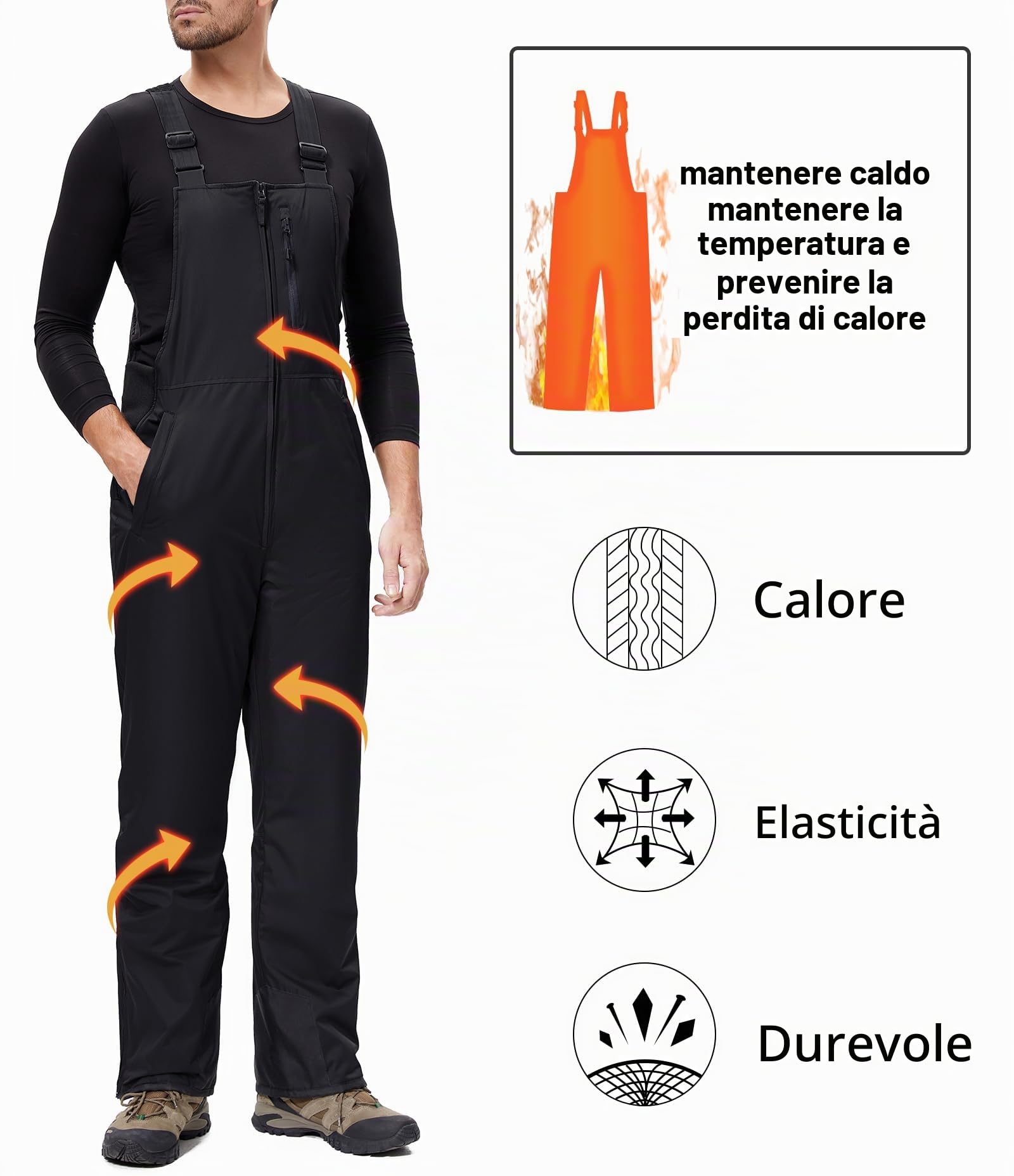 Pantaloni Sci Uomo Inverno Salopette Neve Impermeabile Pantaloni Snowboard Isolata Antivento Caldo Pantaloni Softshell con Tracolla Regolabile e Tasche Multiple HXK9129M-Black-S