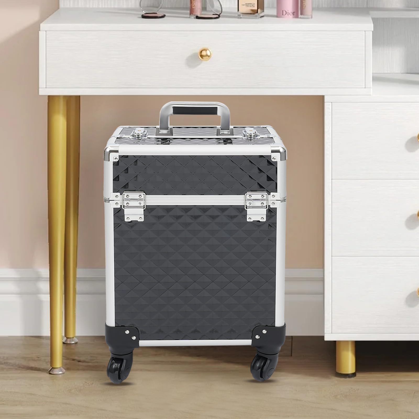 Valigetta cosmetica in PVC con 4 ruote e 2 cassetti, grande capacità, trolley multifunzione con serratura a combinazione, 34 x 24 x 41 cm