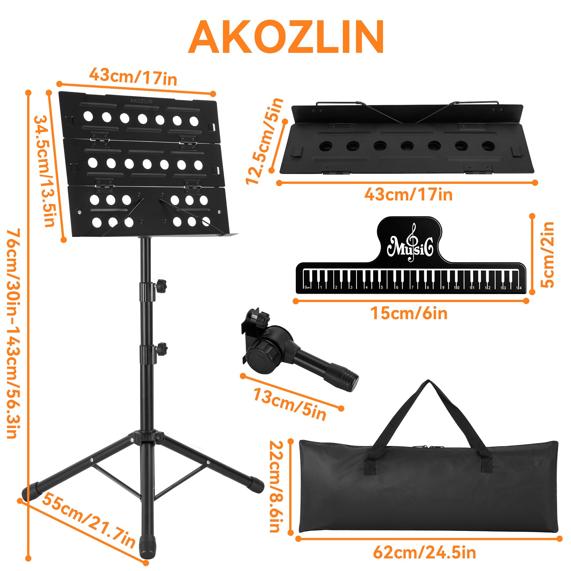 AKOZLIN Pupitre avec sac de transport, support de livre de bureau et clip, angle réglable, hauteur pliable réglable de 75 à 140 cm, pupitre pour performance instrumentale, groupe et voyage