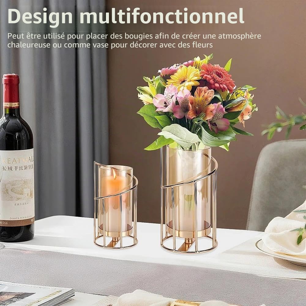Lot de 2 photophores décoratifs, Cylindre en Verre Doré (Or) | avec Fond en métal pour Bougies, pour Petites Bougies Piliers Plateau à Bougies avec Cylindre pour décoration de Table, Salon