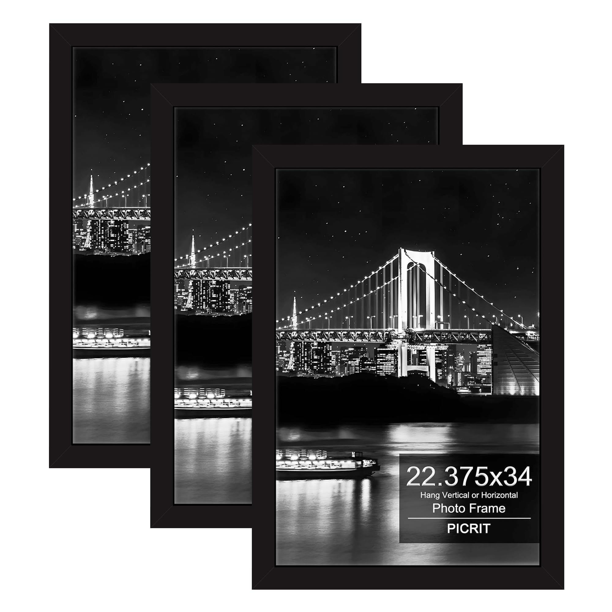 Picrit 22.375x34 Black Poster Frame, Picture Frame for Wall, 3 Pack