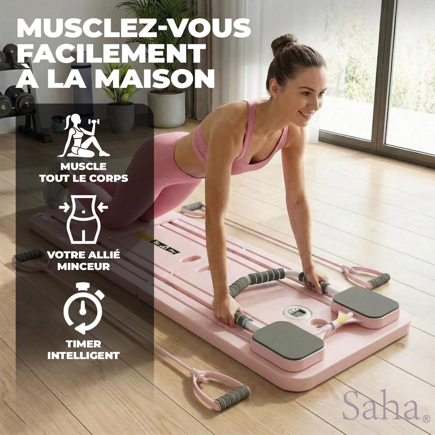 Saha Planche Pilates Reformer Rose Appareil Abdos Fitness Maison Bandes Résistance Poignées Timer Yoga Gainage Musculation