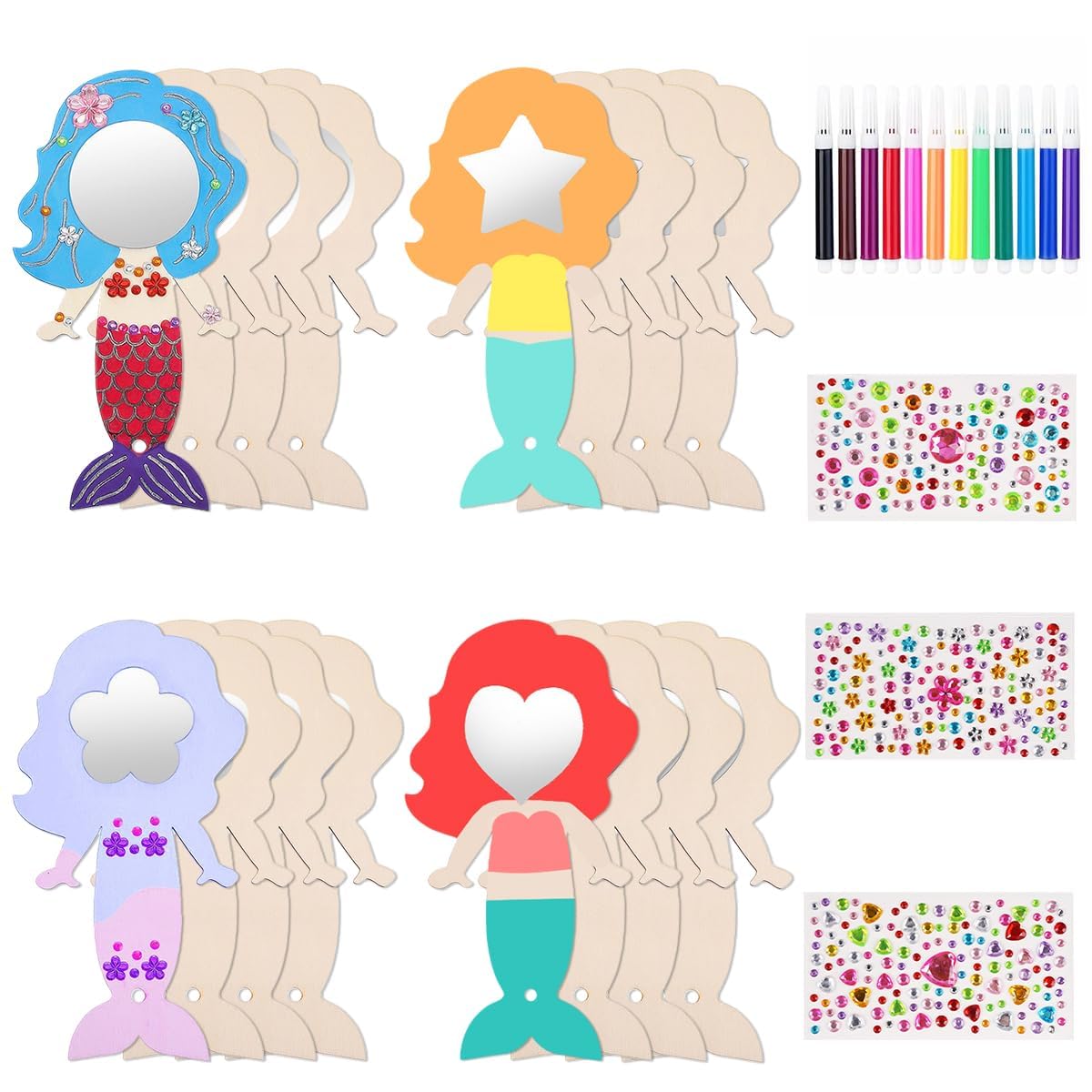 TESSTSY 27 Pieces 4 Different Shapes Wood Mermaid Princess Mirror Craft Set