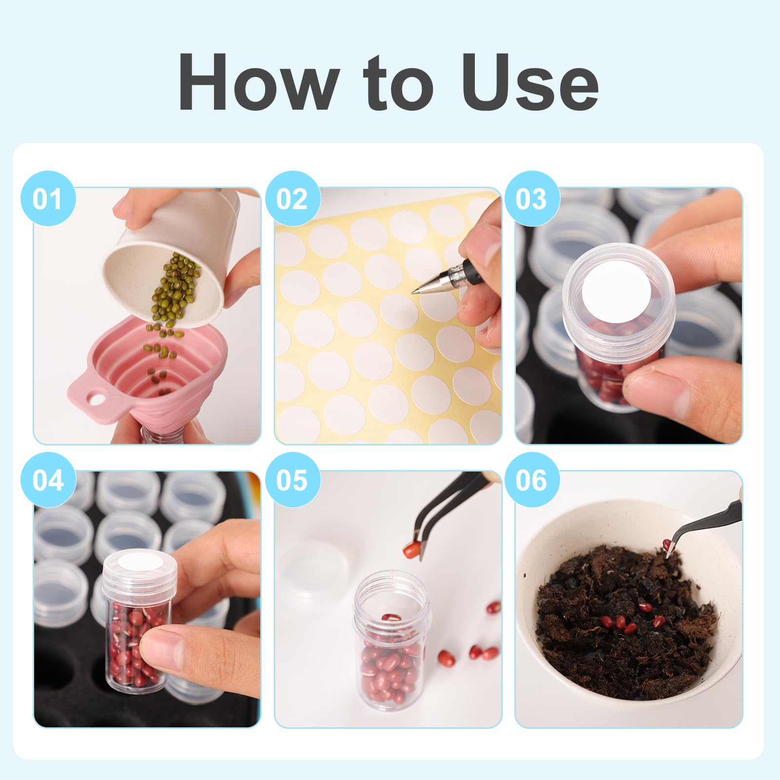 Organizer per semi, contenitore per semi con 120 scomparti, robusto contenitore per semi con etichette adesive con cerniera, 120 bottiglie di plastica, imbuto, 2 pinzette, per piante da fiore e