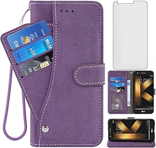 Compatible with LG K20/K20 Plus/K20 V/Harmony/V5/K10 2017/Grace LTE Wallet Case and Tempered Glass Screen Protector Flip Credit Card Holder Stand Cell Phone Cover for LGK20V K20V K 20 20K K20+ Purple