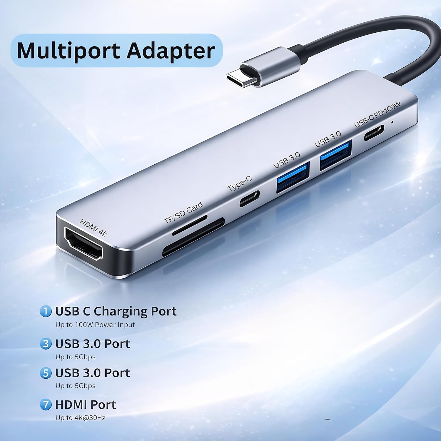 MacBook USB-C Hub 7-in-1 Multiport Adapter with 4K HDMI, 100W PD Charging, USB 3.0 & USB 2.0, SD/TF Card Reader, Aluminum Type-C Dock Compatible with Pro/Air, Chromebook, Dell, HP & USB-C Devices