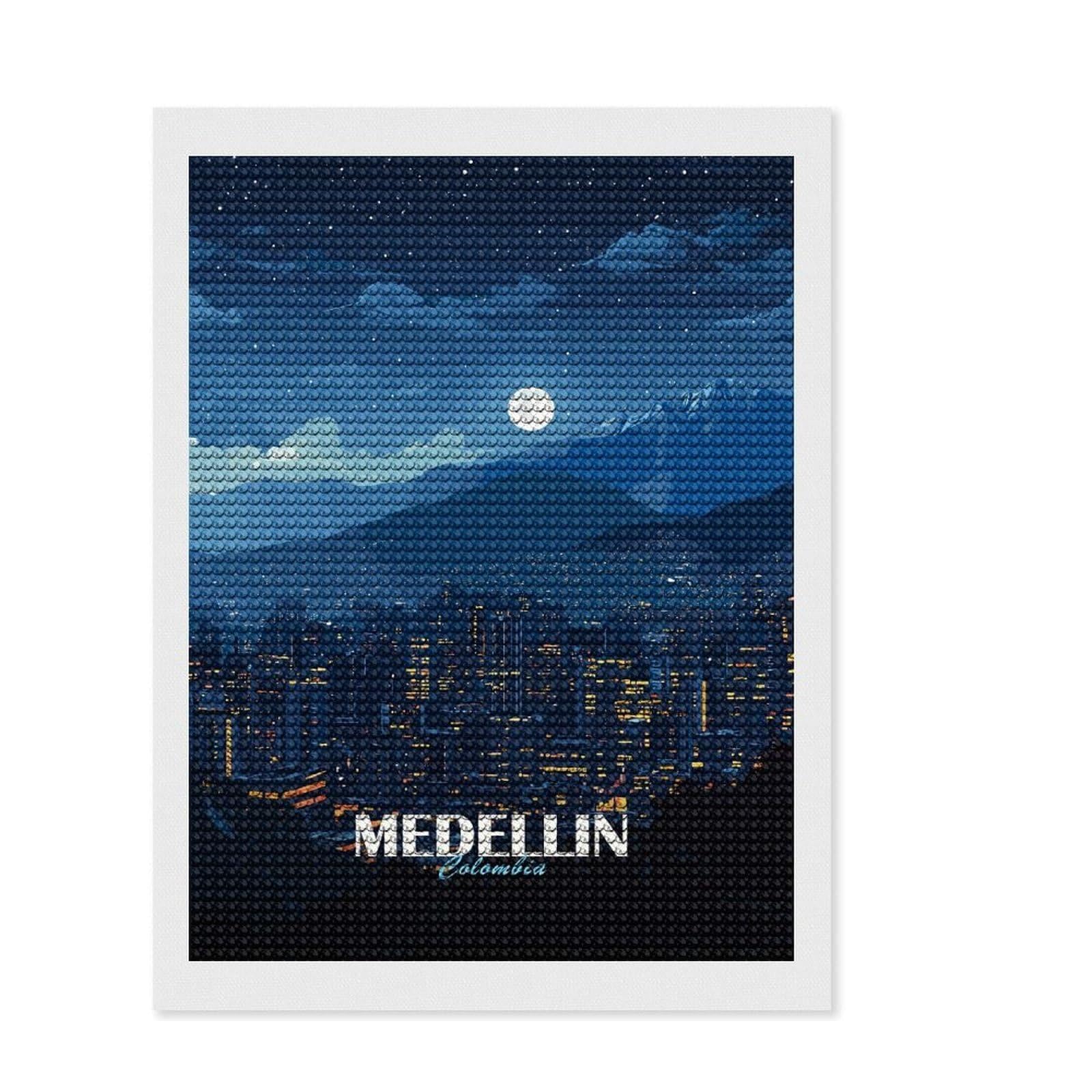Junmoney Medellin Colombia Night Cityscape Diamond Painting Kit 12"x16", Decorate Your Room, Neat Printed Canvas, Adhesive Canvas, Bedroom Decor