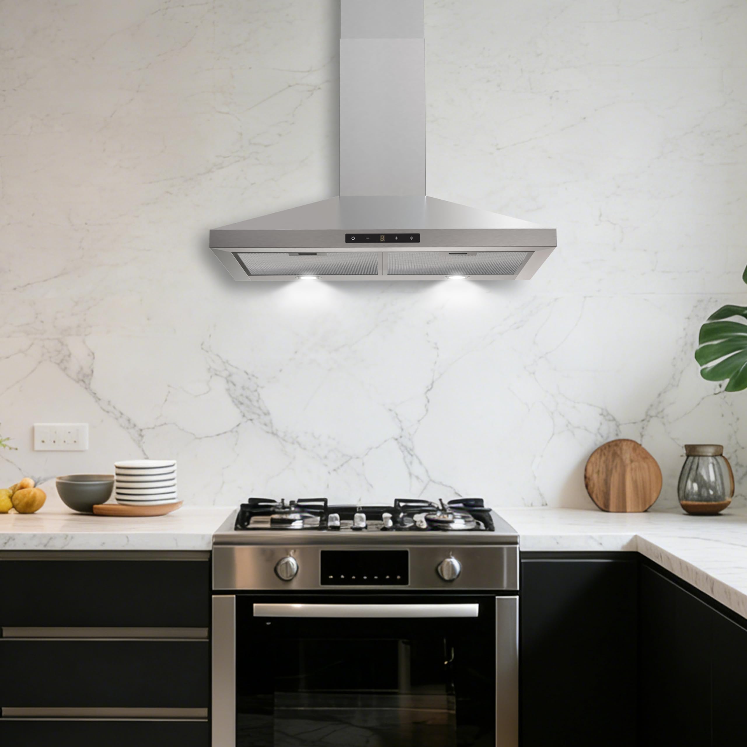 30 inch Wall Mount Range Hood, Touch Control LED Lights, 460 CFM Quiet Kitchen Stainless Steel Vent Hood with 3 Speed Exhaust Fan Ducted/Ductless Convertible, Dishwasher-Safe Baffle Filters - 5