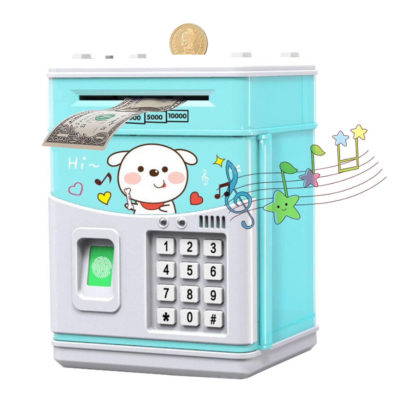 Beauenty Kids Mini Electronic Atm Bank, Saving Box with Fingerprint and Digital Password, Auto Scroll Cash Music Safe Box for Cashs and Coins (dog)