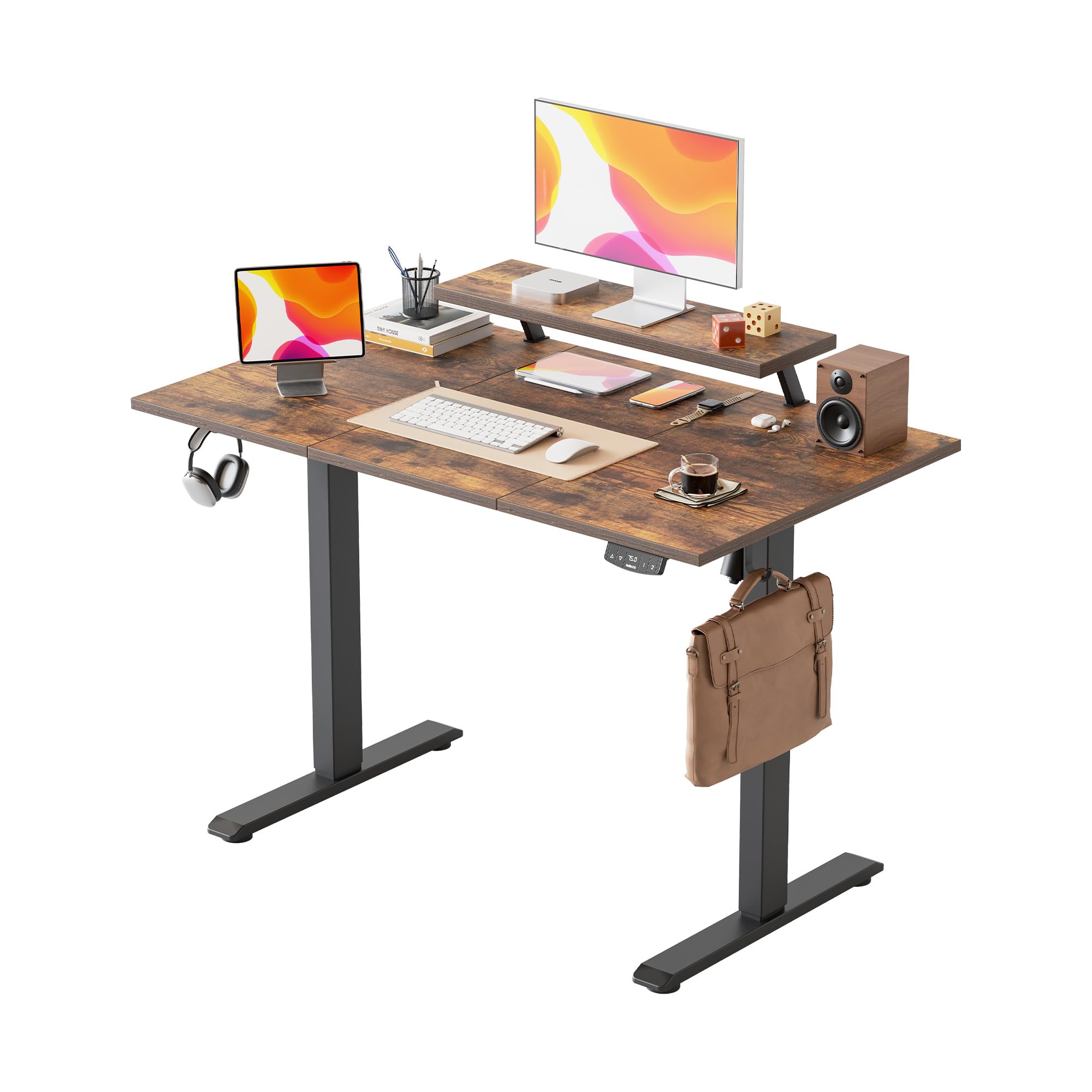 Agilestic Electric Standing Desk with Movable Monitor Stand, Height Adjustable Desk with 2 Memory Buttons, 120 x 60 cm, for Home Office, Rustic Brown