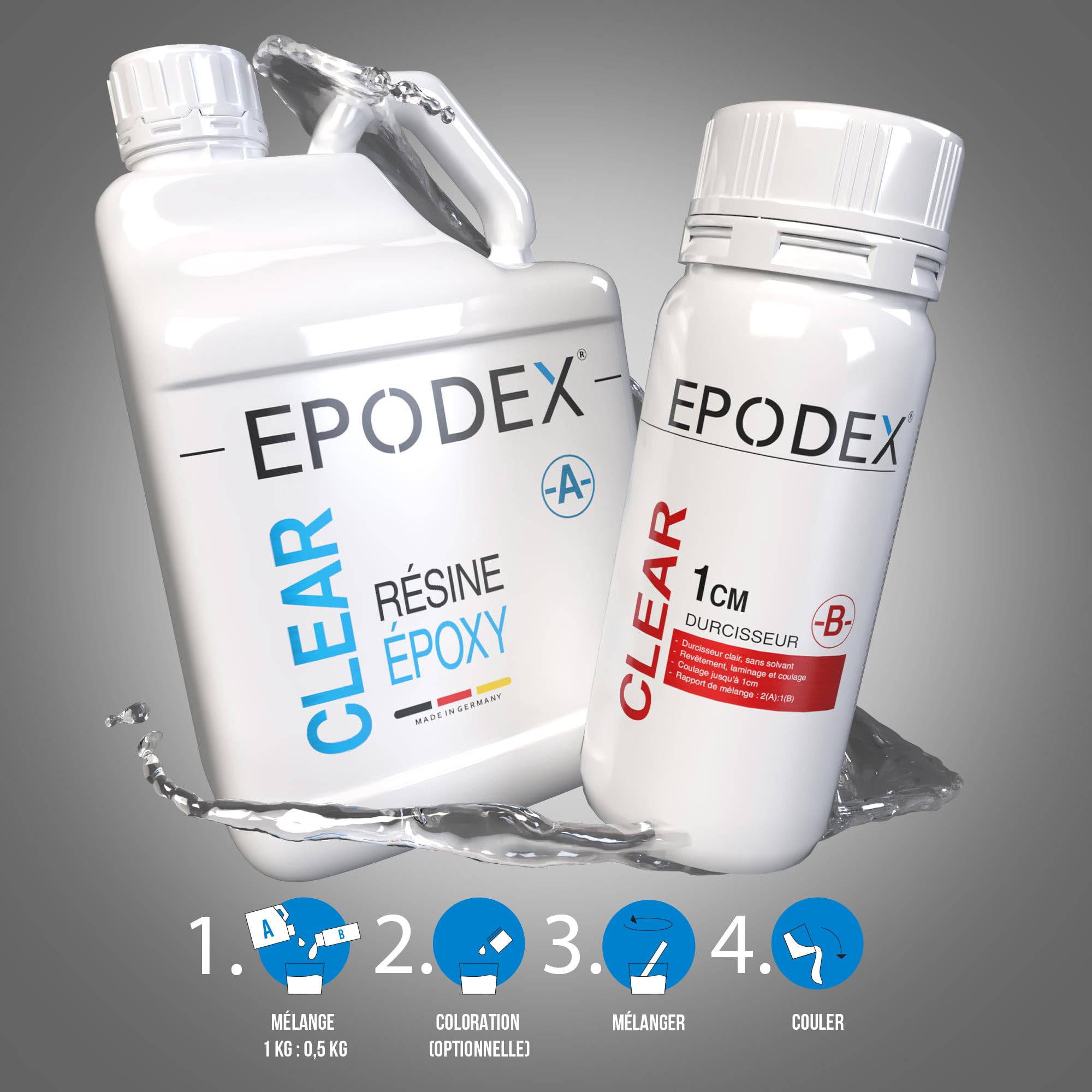 EPODEX ECO, Résine époxy jusqu’à 1cm, CLEAR - Transparent, 1,5kg | Kit transparente, Avec ou sans pigment, Pour revêtement, stratification, réparations, arts et artisanat