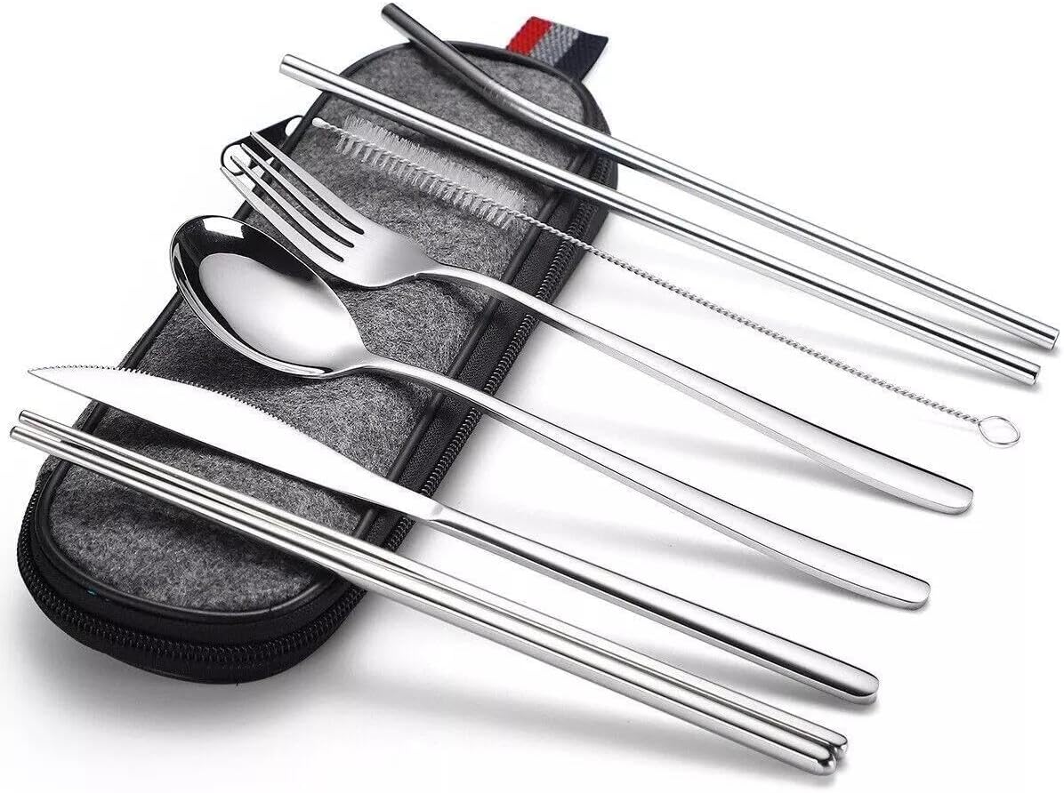 Valkyrie 8 Parça Çantalı Yolculuk Çatal Bıçak Kaşık Pipet Chopstick Seti Kamp Okul Ofis Tatil Paslanmaz Çelik Metal