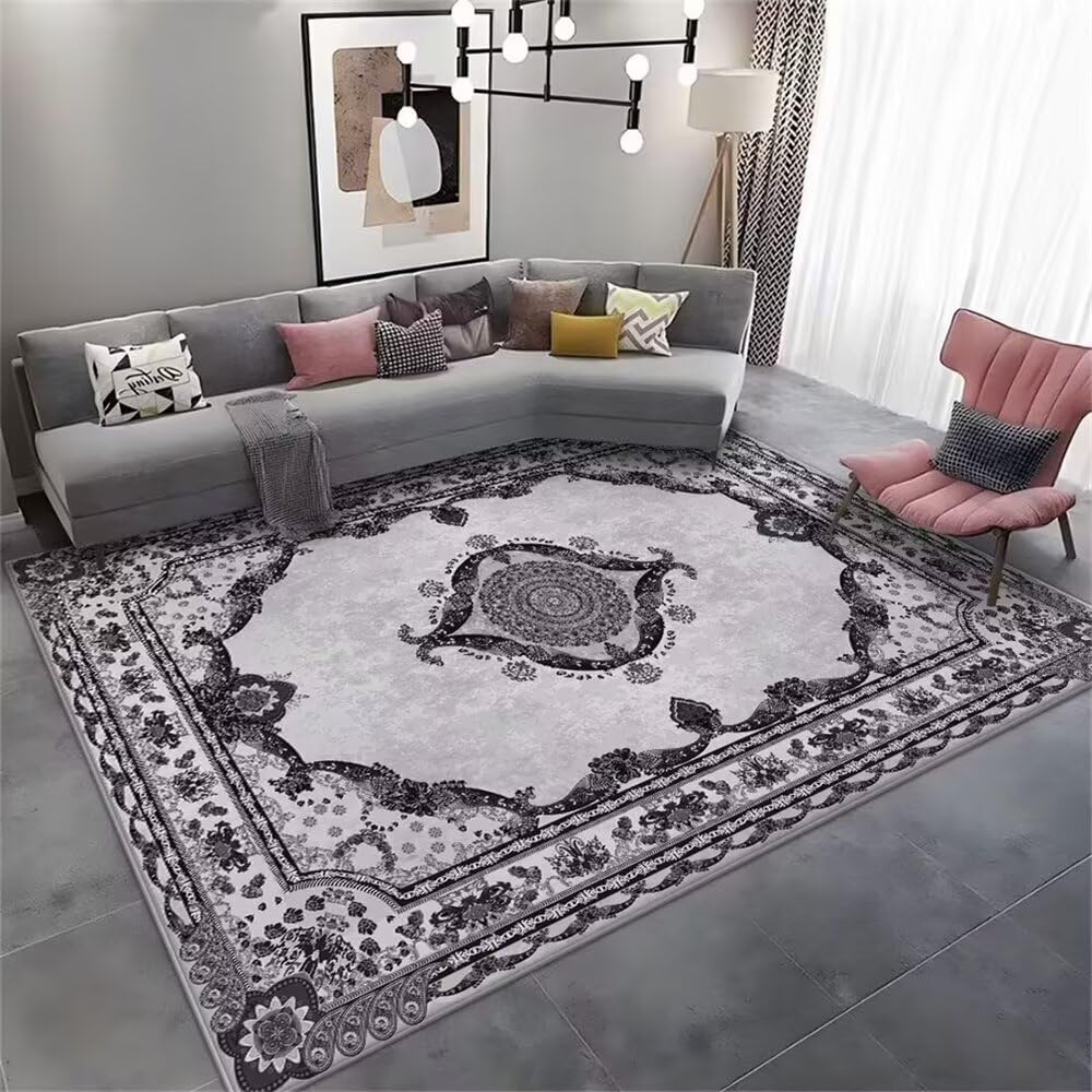 Tapis de salon gris floral rétro 180x250CM pour salle à manger et entrée maison